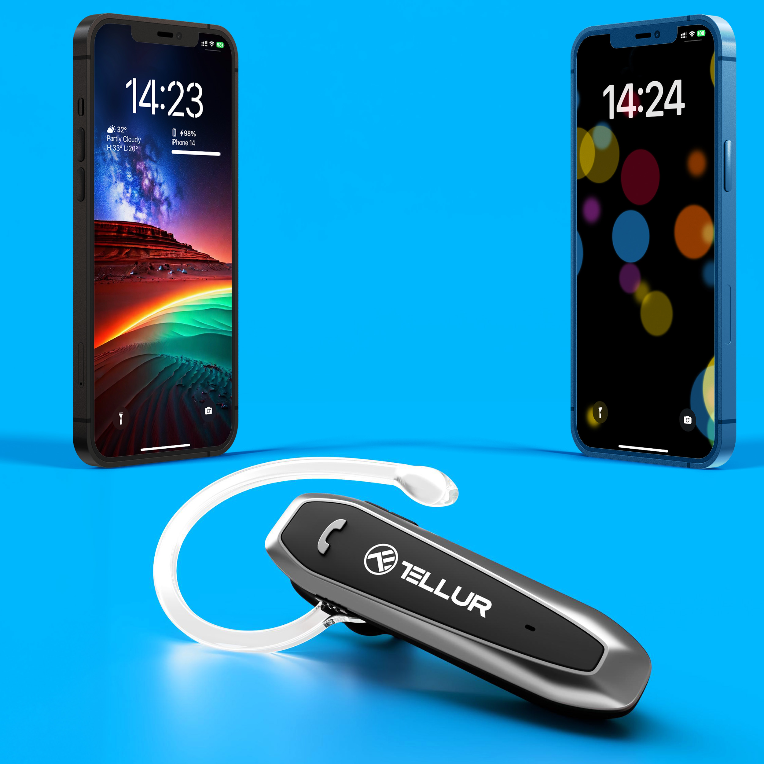 Zwei Smartphones mit Zeitanzeigen neben einem silbernen Bluetooth-Headset auf blauem Grund.