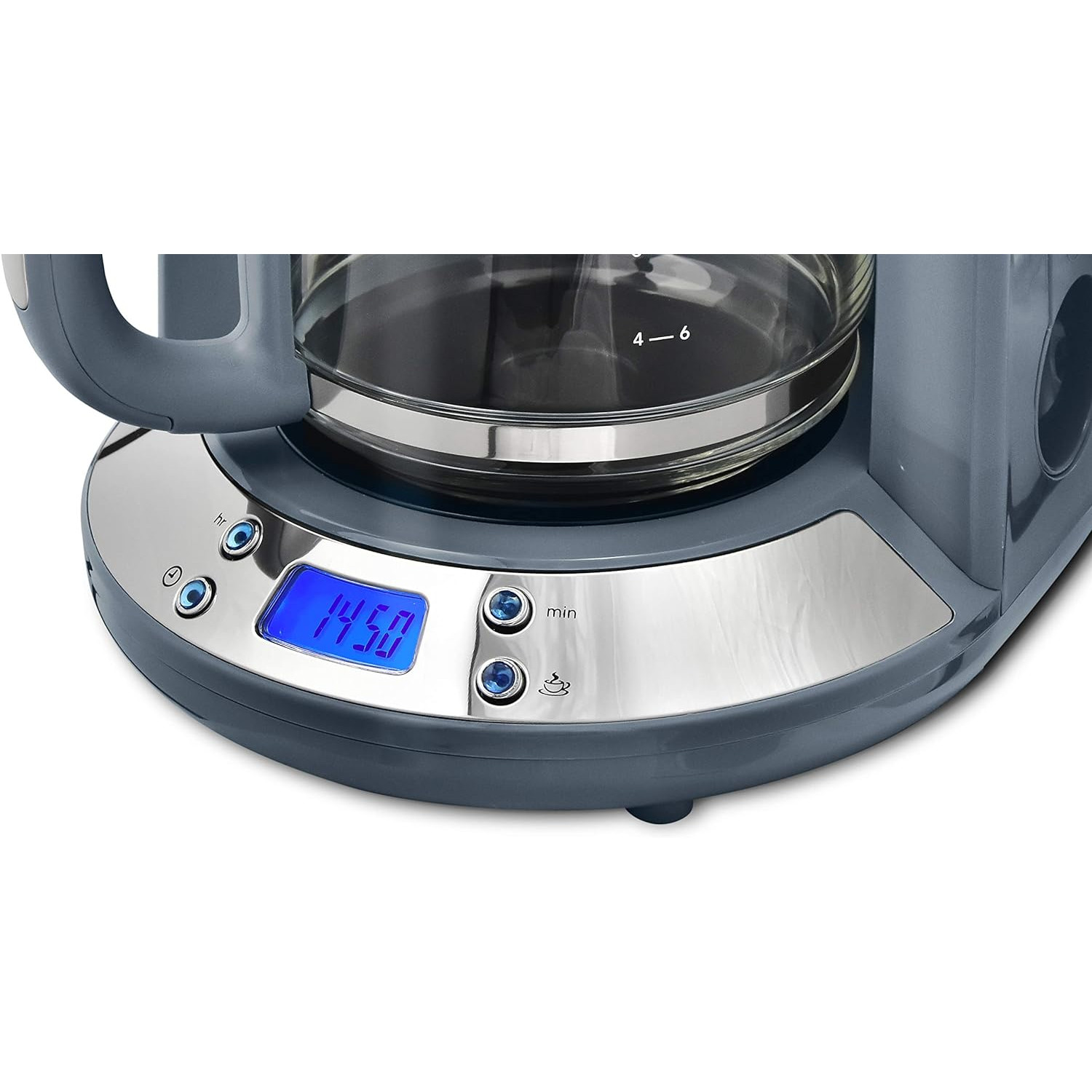 Ein grau-silberner Kaffeezubereiter mit digitaler Anzeige, die 14:50 Uhr anzeigt.