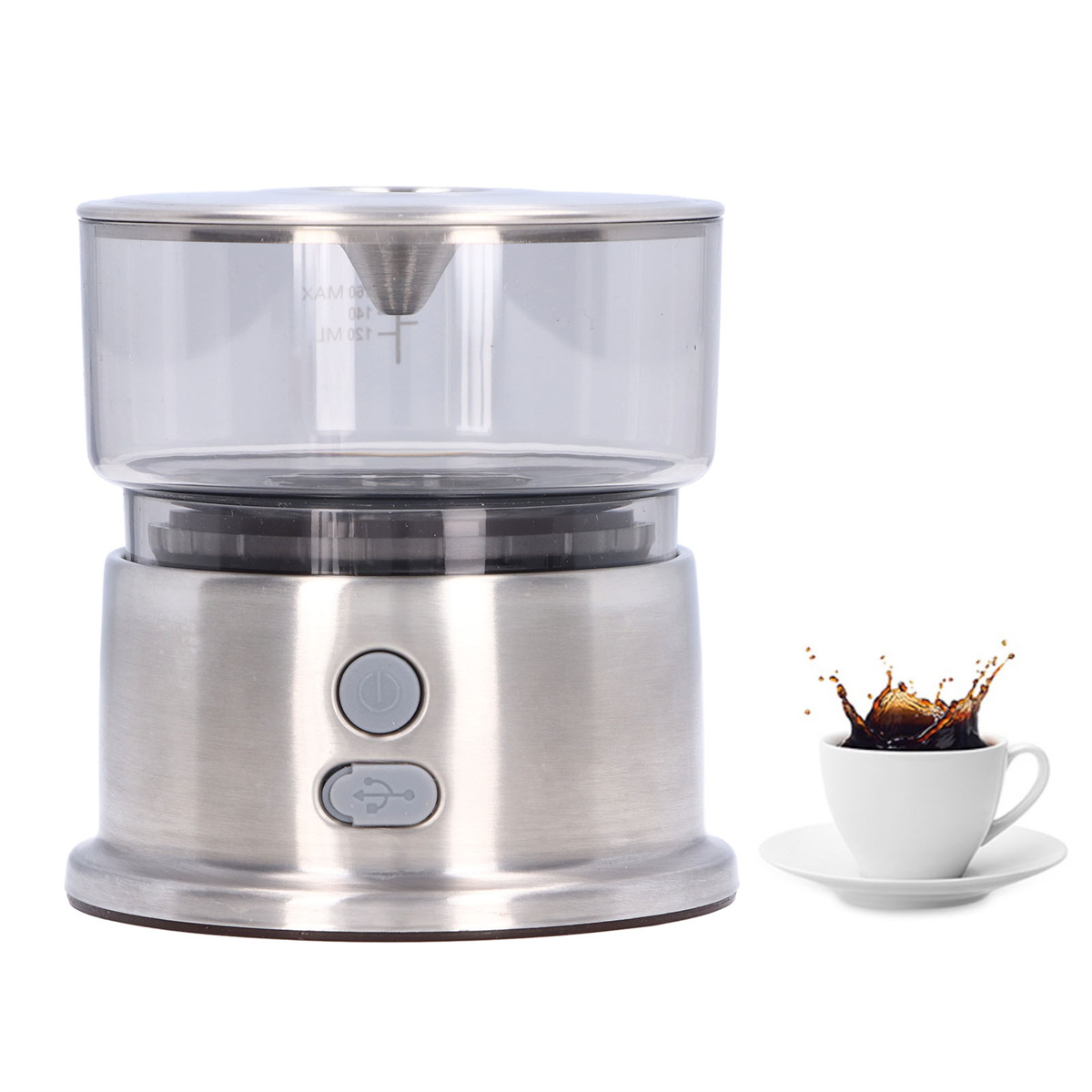 Kaffeemaschine mit einem Spritzer Kaffee in einer weißen Tasse. Weißer Hintergrund.