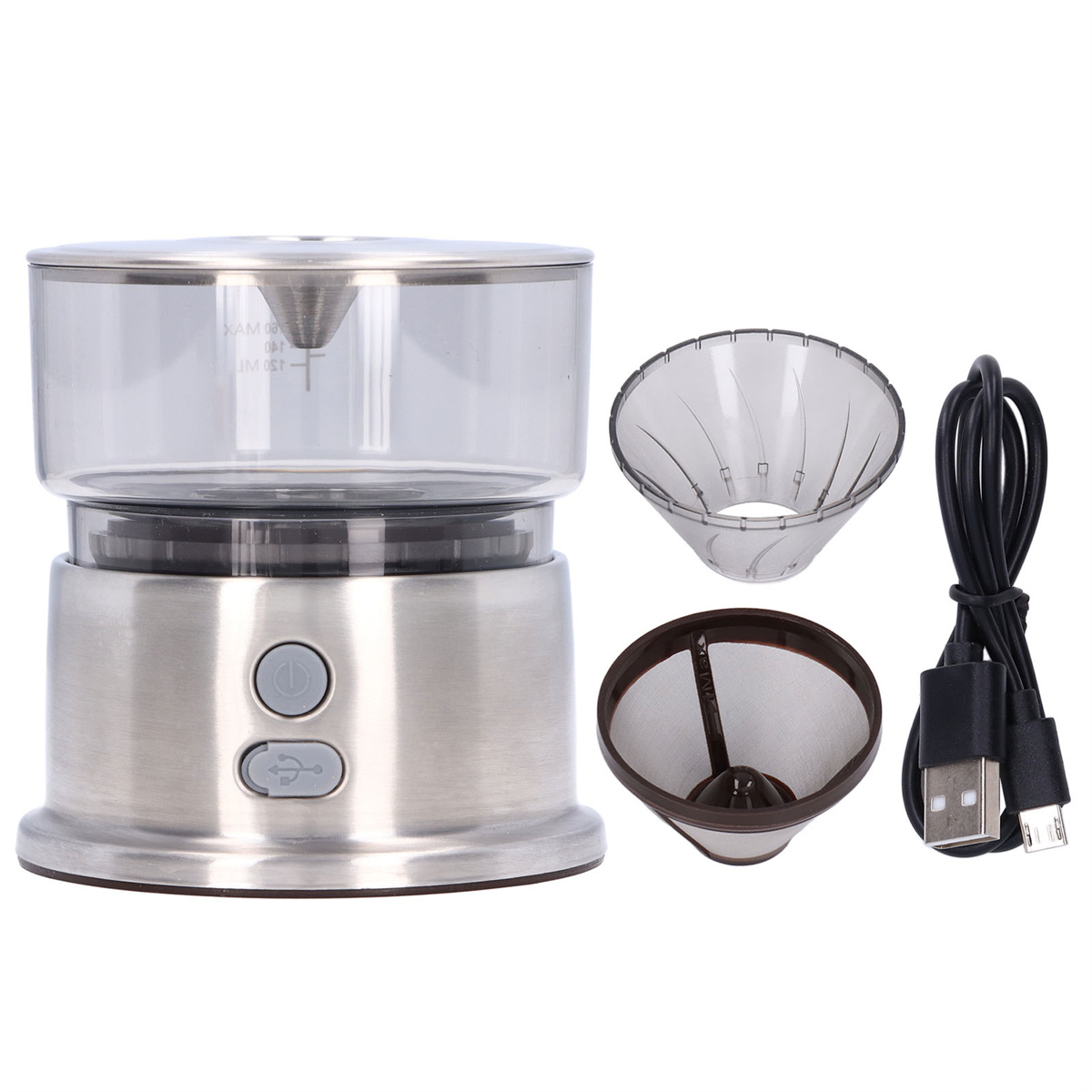 Eine Kaffeemühle aus Edelstahl, ein Glasbehälter und ein USB-Kabel. Enthält einen Netzfilter und einen Trichter.