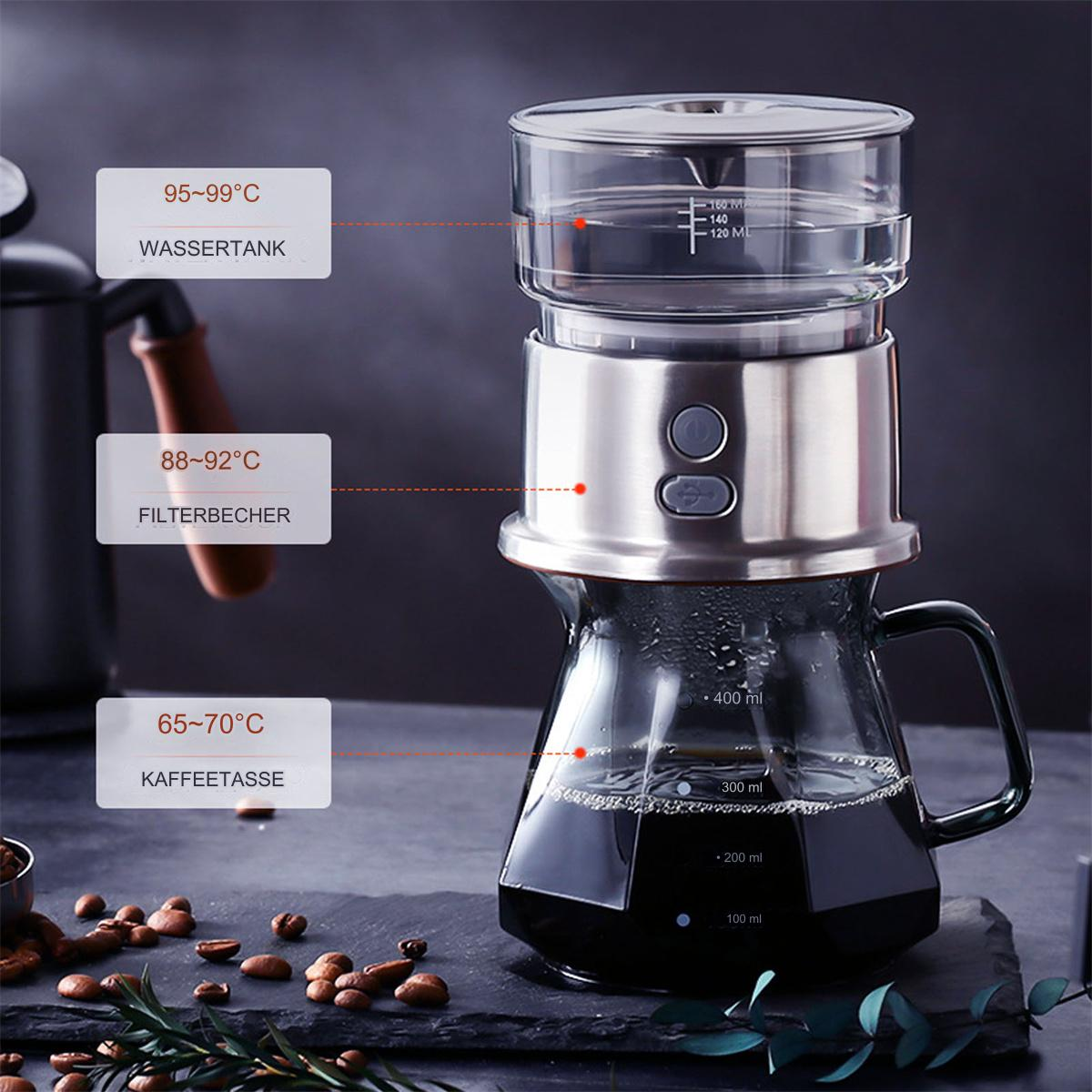 Kaffeemaschine mit Glaskaraffe und mehreren beschrifteten Abschnitten für Wasser- und Kaffeezubereitung.