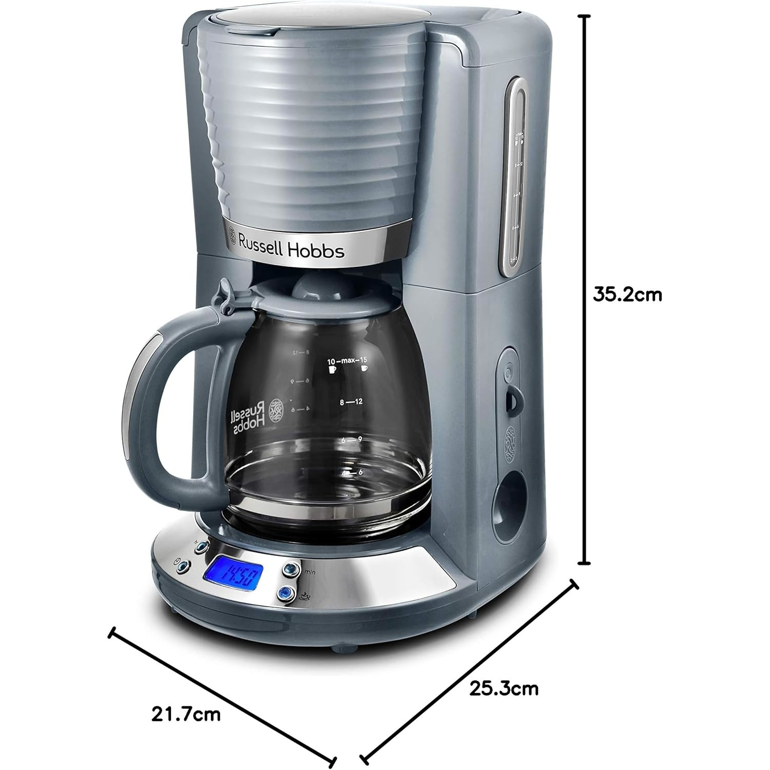 Graue Russell Hobbs Kaffeemaschine mit Maßen und Abmessungen.