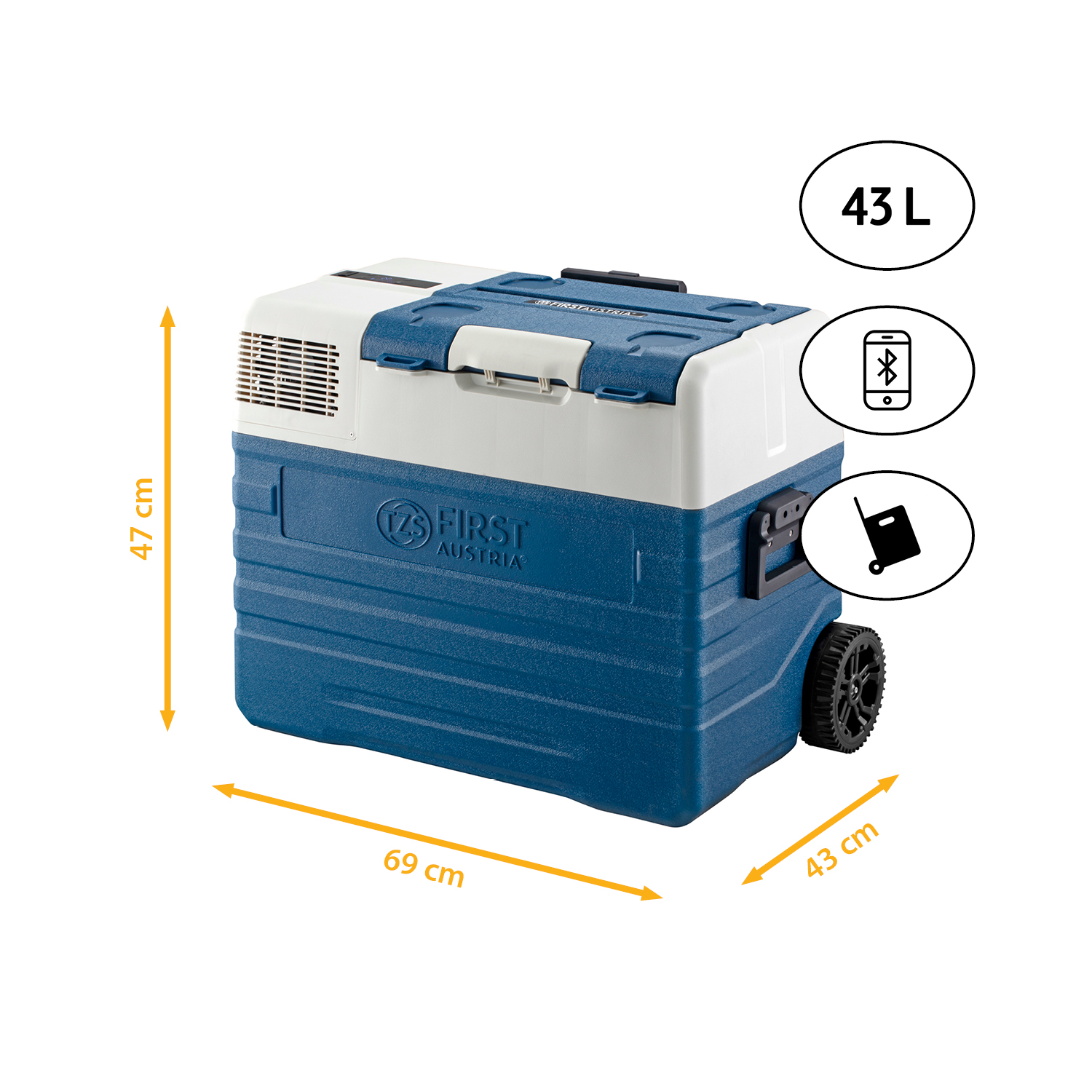 Eine blau-weiße Kühlbox mit Abmessungen und Symbolen für Bluetooth und einen Trolley.