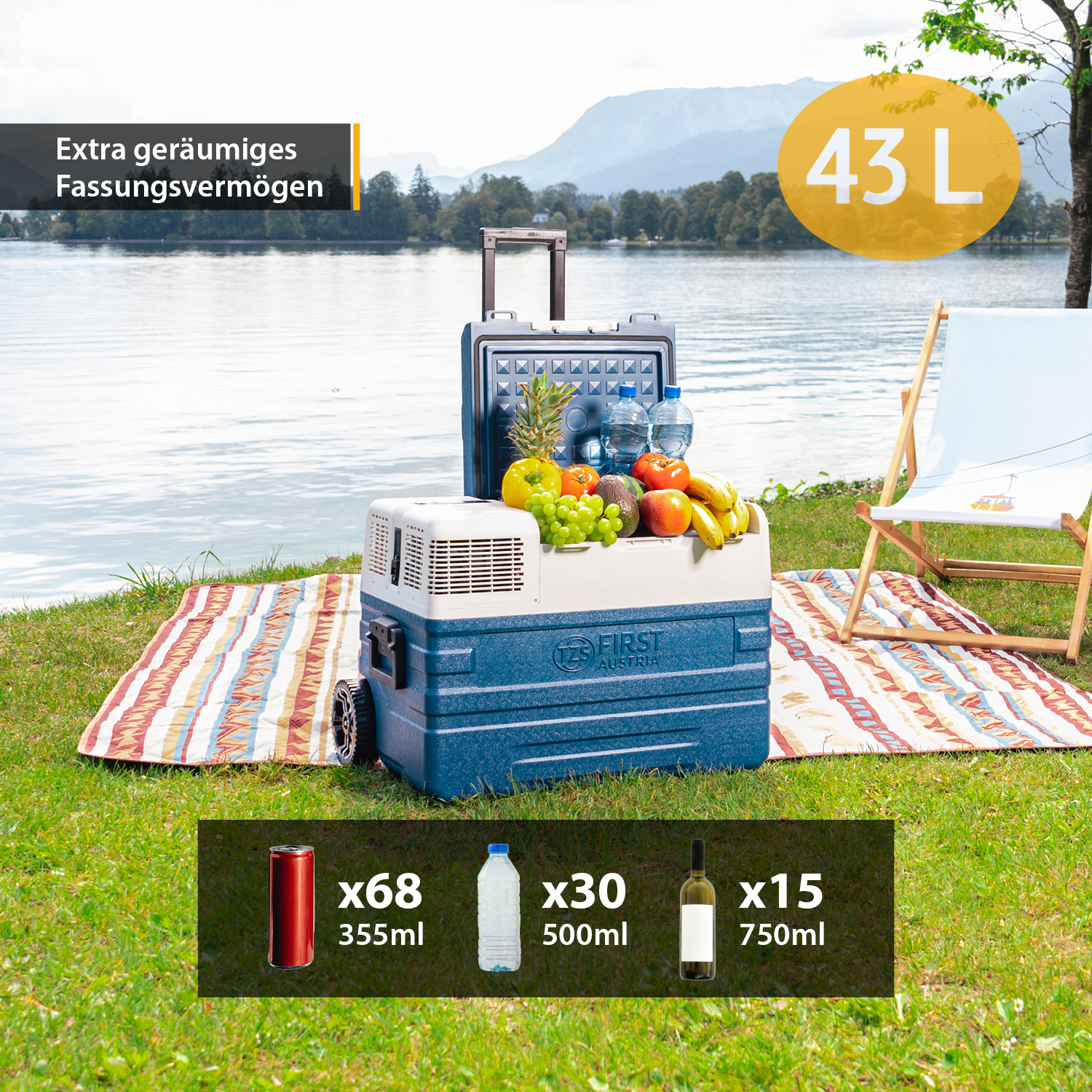Kühler am See, gefüllt mit Speisen und Getränken. Enthält eine Picknickdecke und einen Stuhl.