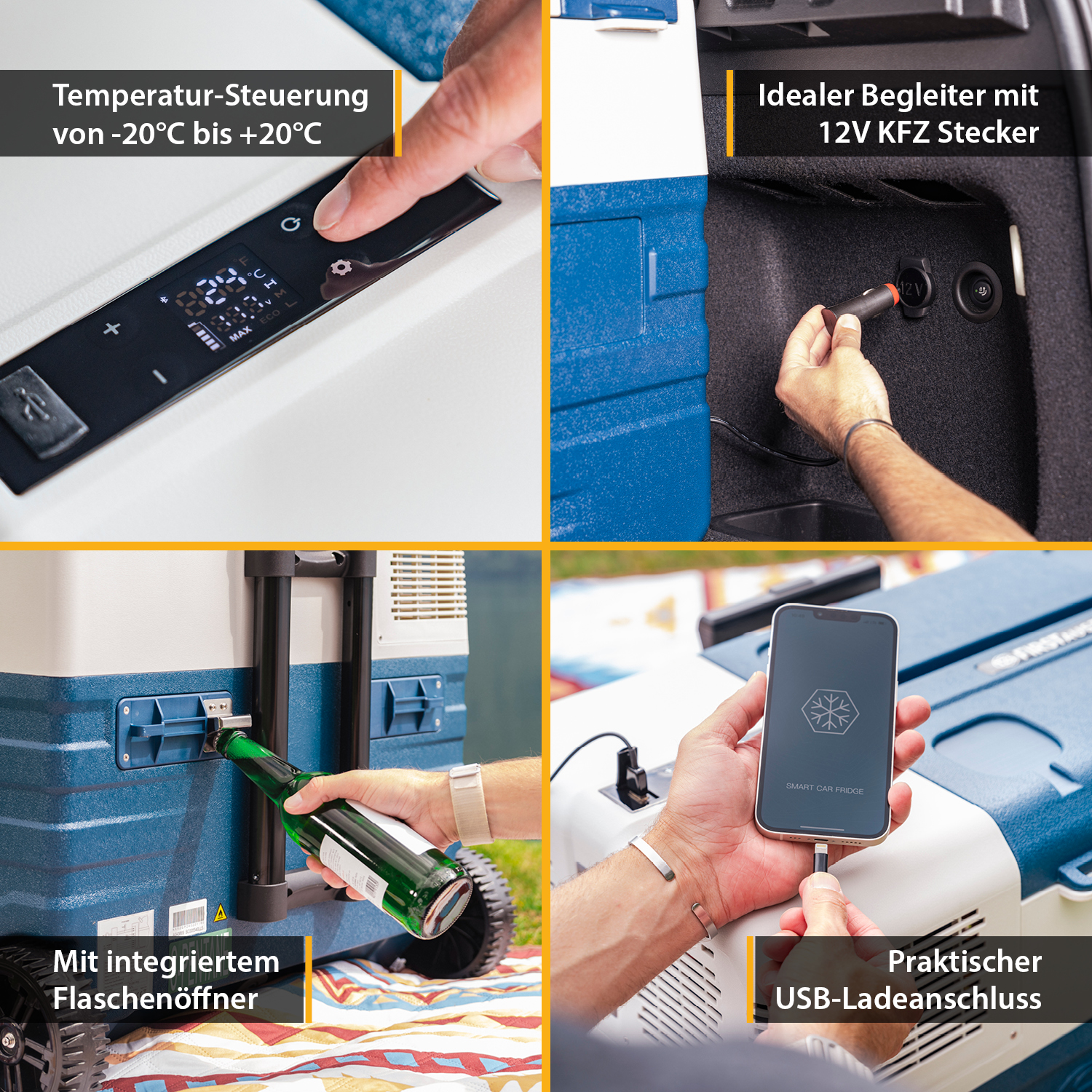 Vier Bilder mit Funktionen eines tragbaren Kühlschranks. Temperaturregelung und USB-Ladegerät.