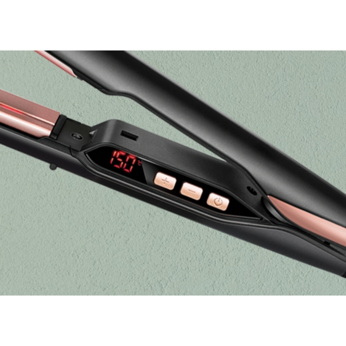 Piastra per capelli nera e oro rosa con display digitale che mostra 150 gradi.