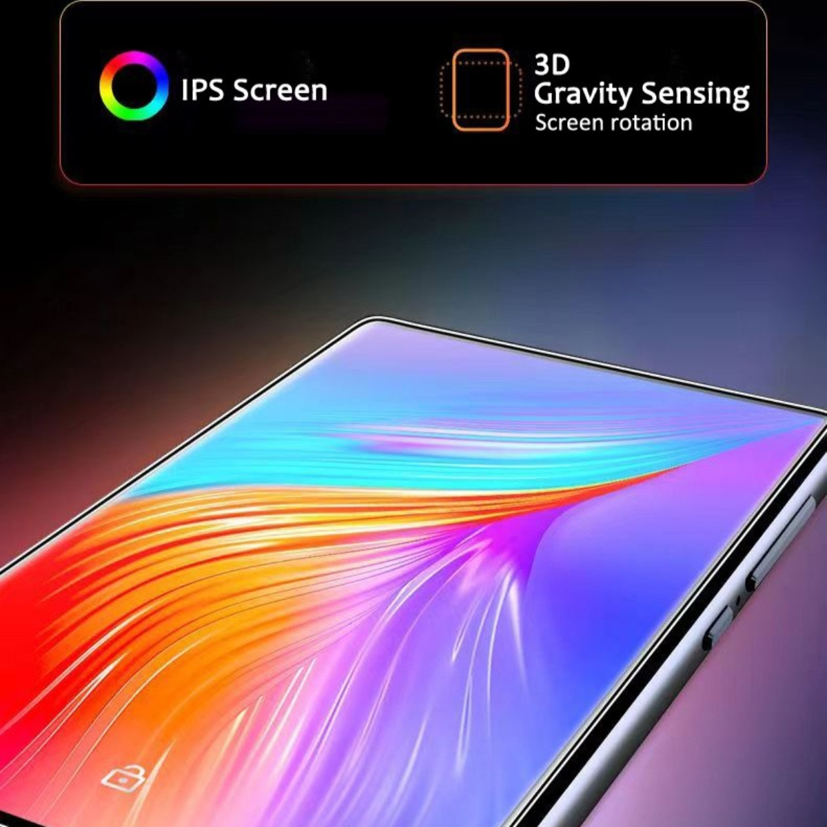 Ein Tablet-Bildschirm zeigt eine farbenfrohe Anzeige. Oben steht 'IPS Screen' und '3D Gravity Sensing'.