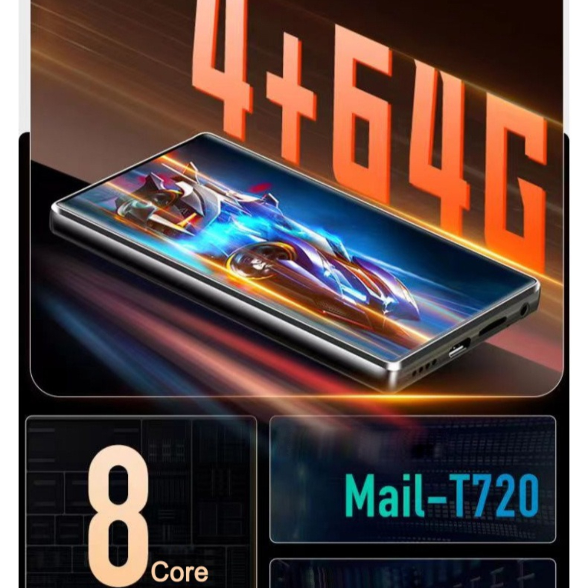 Schwarzes Smartphone mit 4+64G-Aufschrift, 8 Kernen und Mail-T720, mit einem auf dem Bildschirm angezeigten Autospiel.