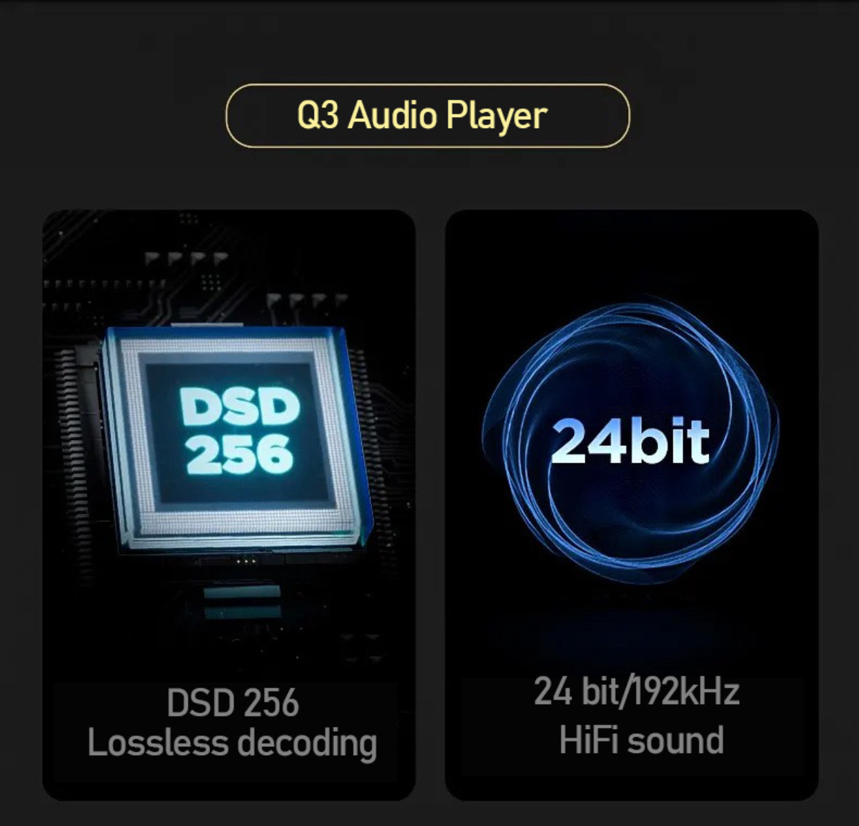 Q3 Audioplayer, Details zur verlustfreien Dekodierung und 24-Bit/192kHz HiFi-Sound werden gezeigt.
