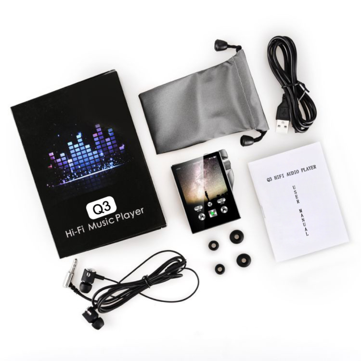 Q3 Hi-Fi-Musikplayer mit Zubehör. Artikel umfassen Kopfhörer, Beutel und Benutzerhandbuch.