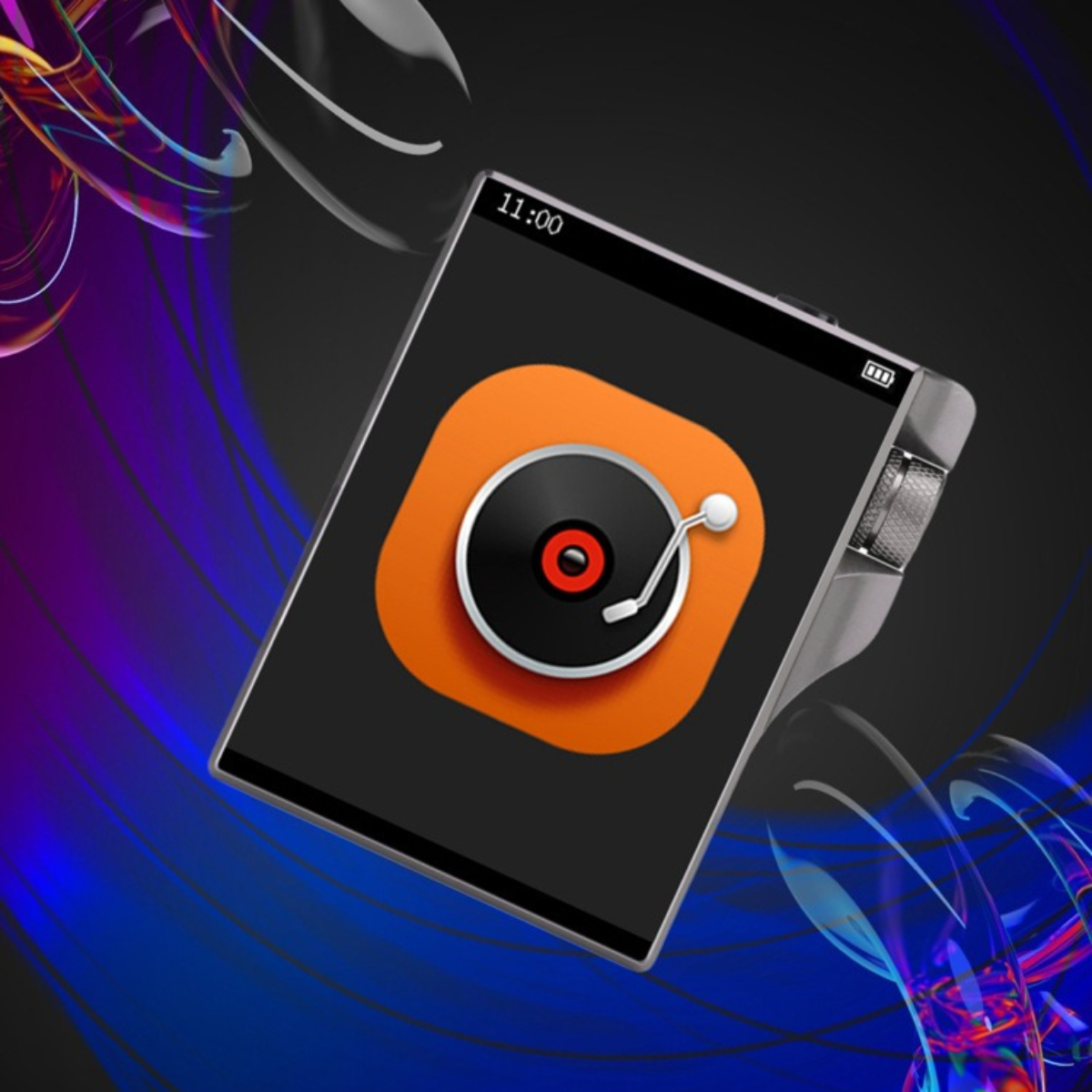 Schwarzer digitaler Musikplayer mit Bildschirm, der eine Plattenspieler-Oberfläche zeigt. Mit silberner Zierleiste.