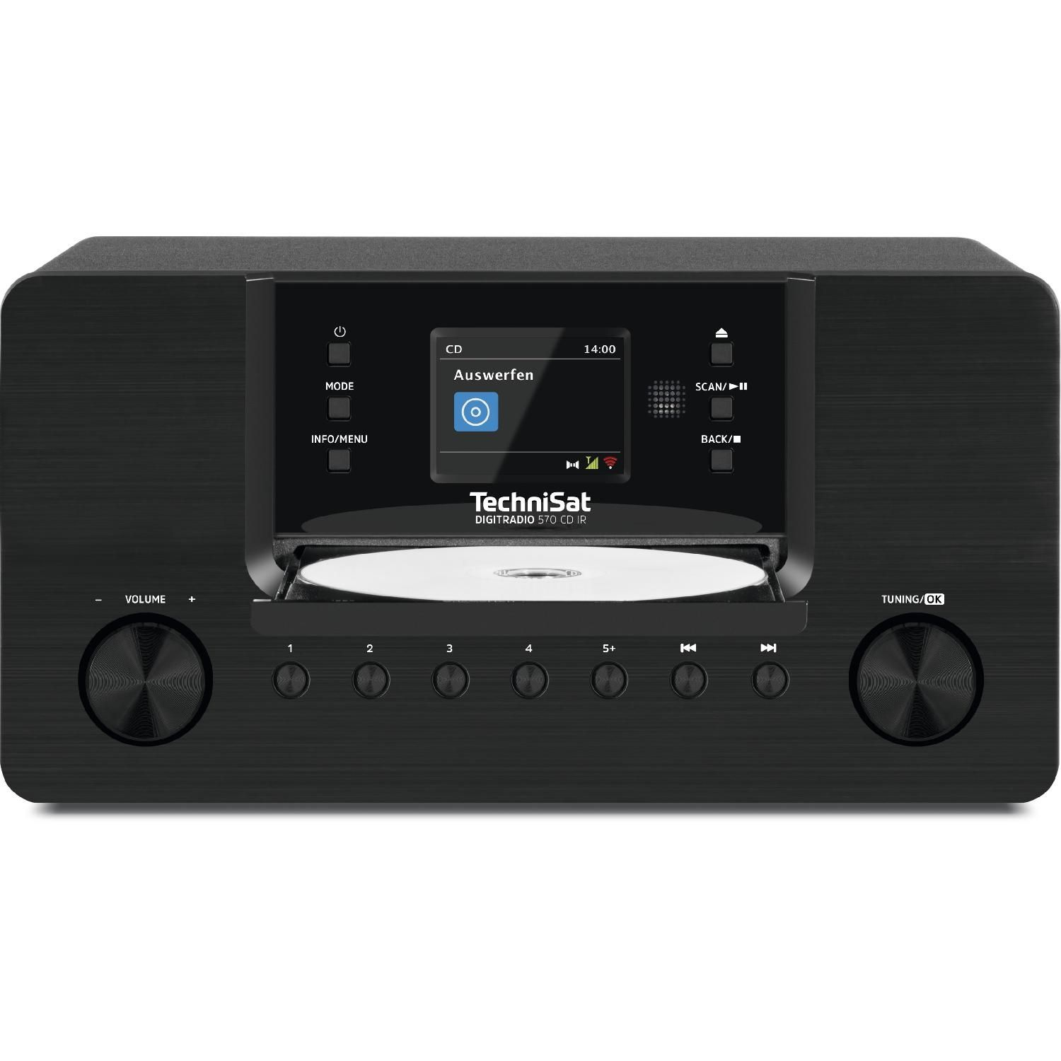 Radio TechniSat nero con lettore CD. Il display mostra CD, Auswerfen e l'ora. Sono visibili i pulsanti per il volume, la modalità e l'accordatura.
