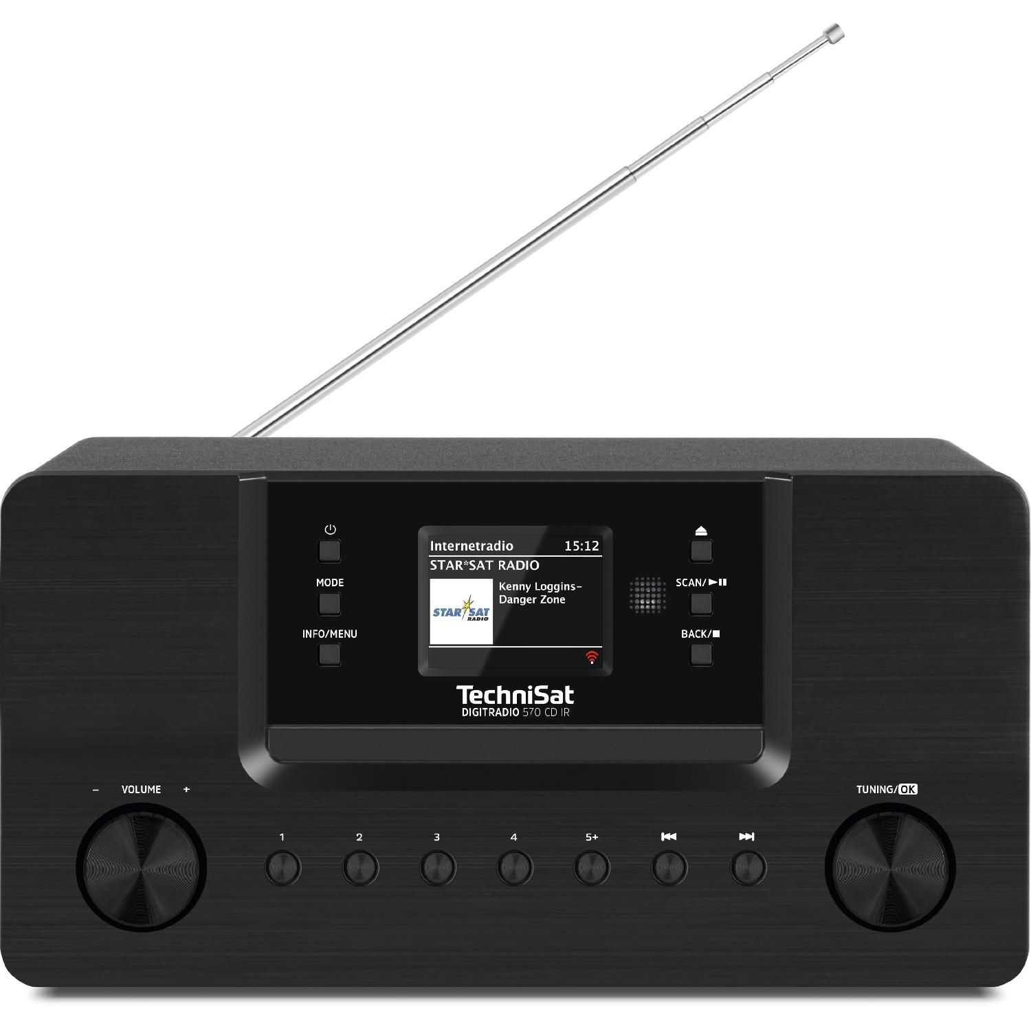 Una radio TechniSat nera con uno schermo che mostra informazioni radio. Ha un'antenna argentata e pulsanti di controllo.