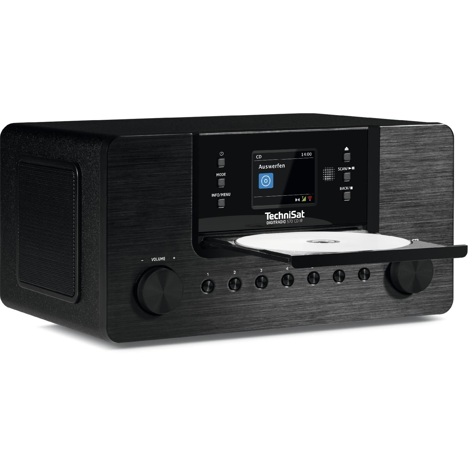 Una radio TechniSat nera con vassoio CD aperto, che mostra un CD. Lo schermo mostra 'Auswerfen'. Tasti volume e modalità visibili.