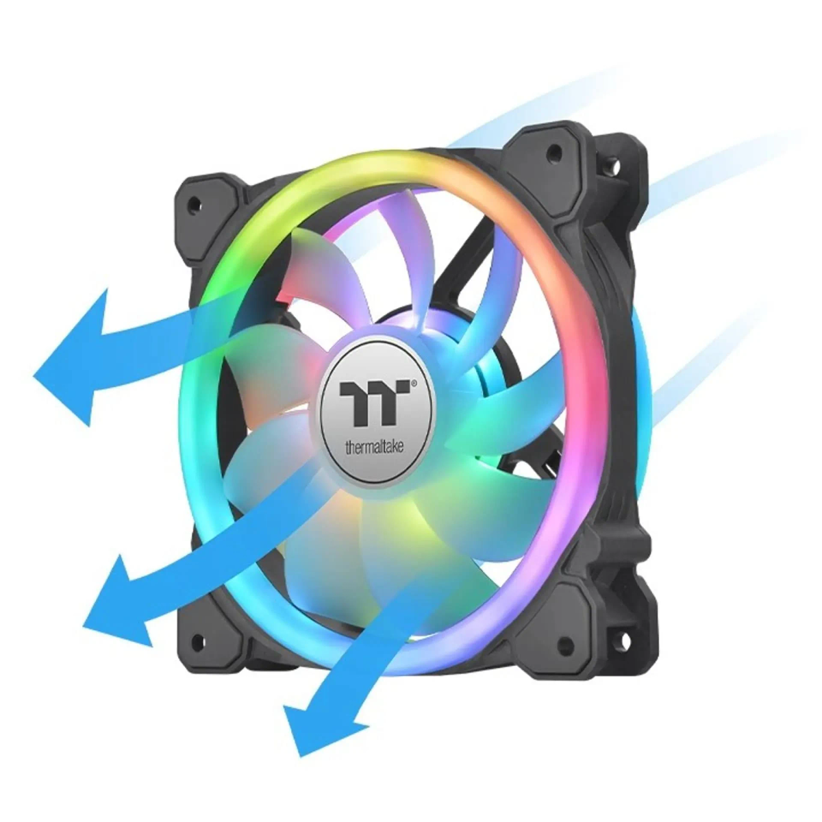Wentylator RGB z czarną ramką i niebieskimi strzałkami przepływu powietrza. Logo Thermaltake pośrodku.