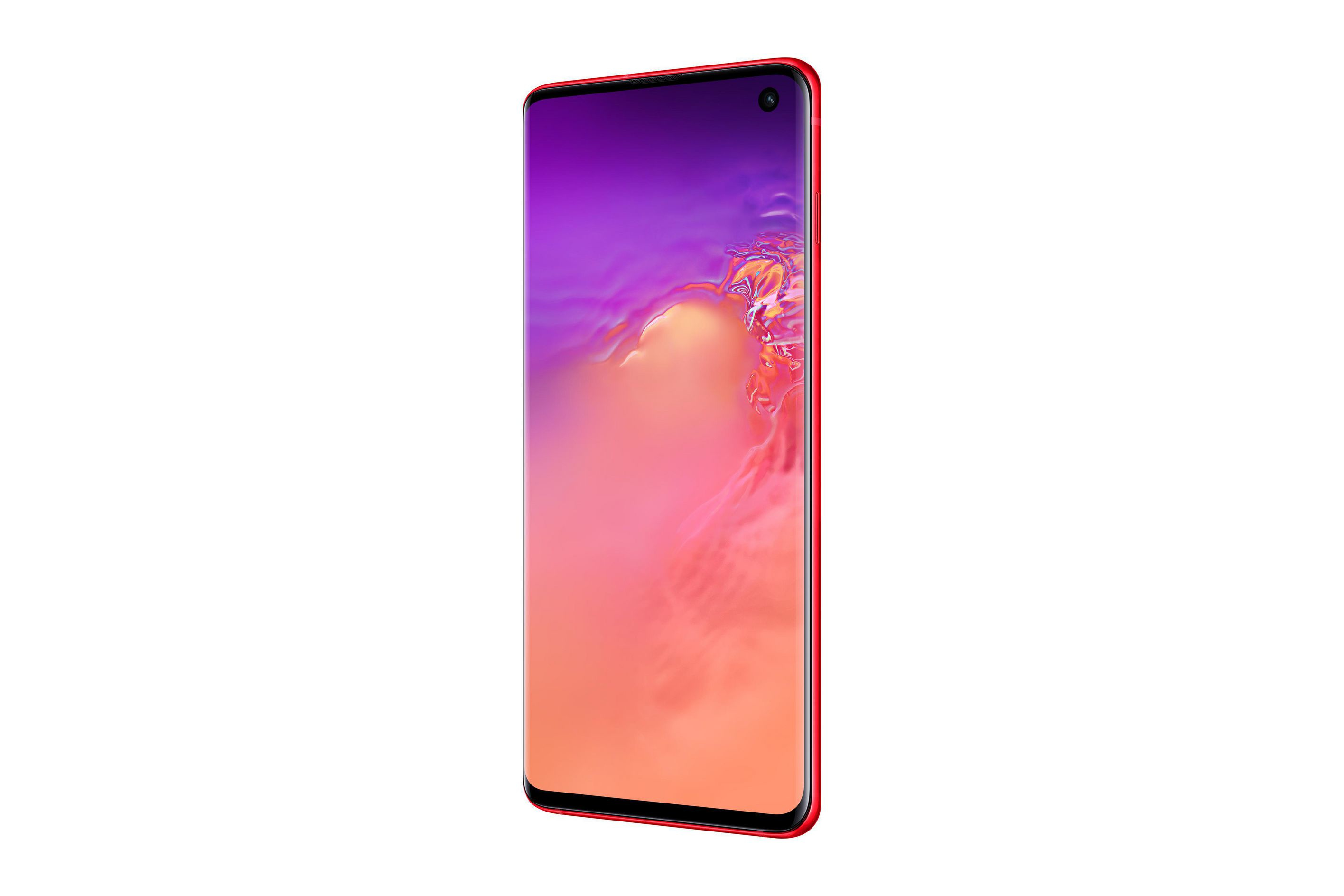 Uno smartphone rosso, visto di lato. Ha un ampio display con bordo curvo e un gradiente viola-rosso.