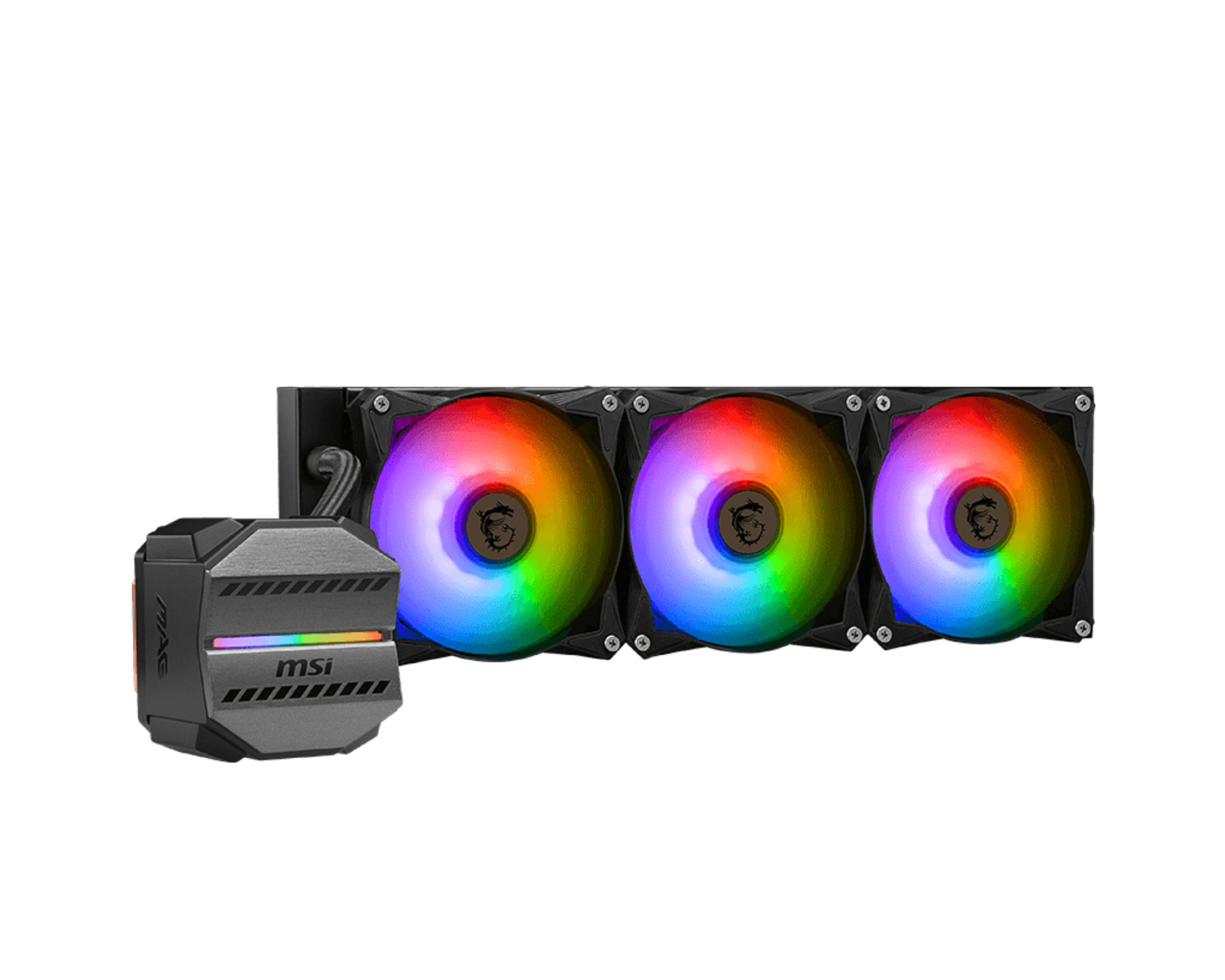 Flüssigkeitskühlsystem für Computer mit Pumpe und drei Lüftern mit bunten LED-Lichtern.
