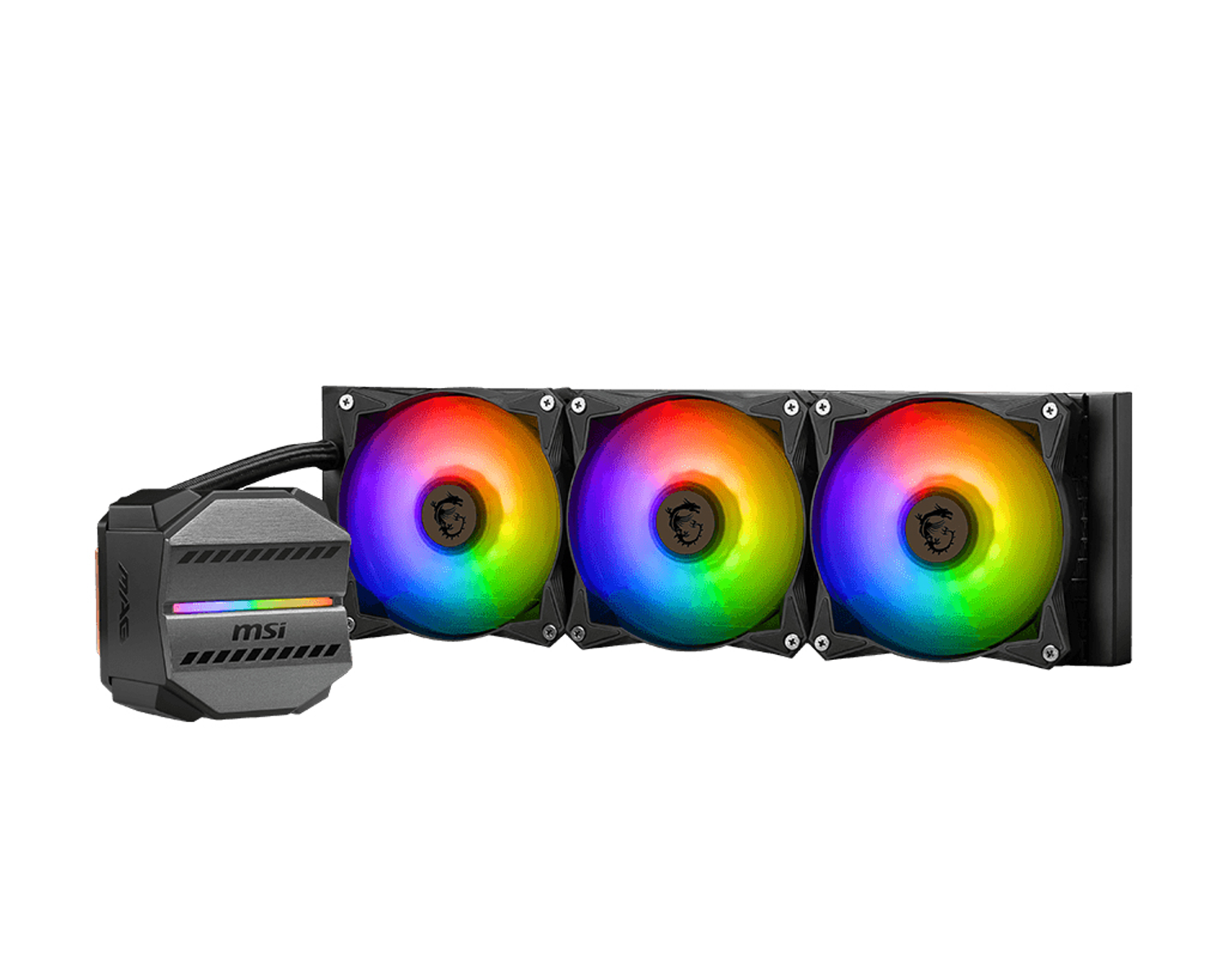 Ein schwarzer und grauer MSI-Flüssigkeitskühler mit drei Lüftern mit Regenbogenlichtern.