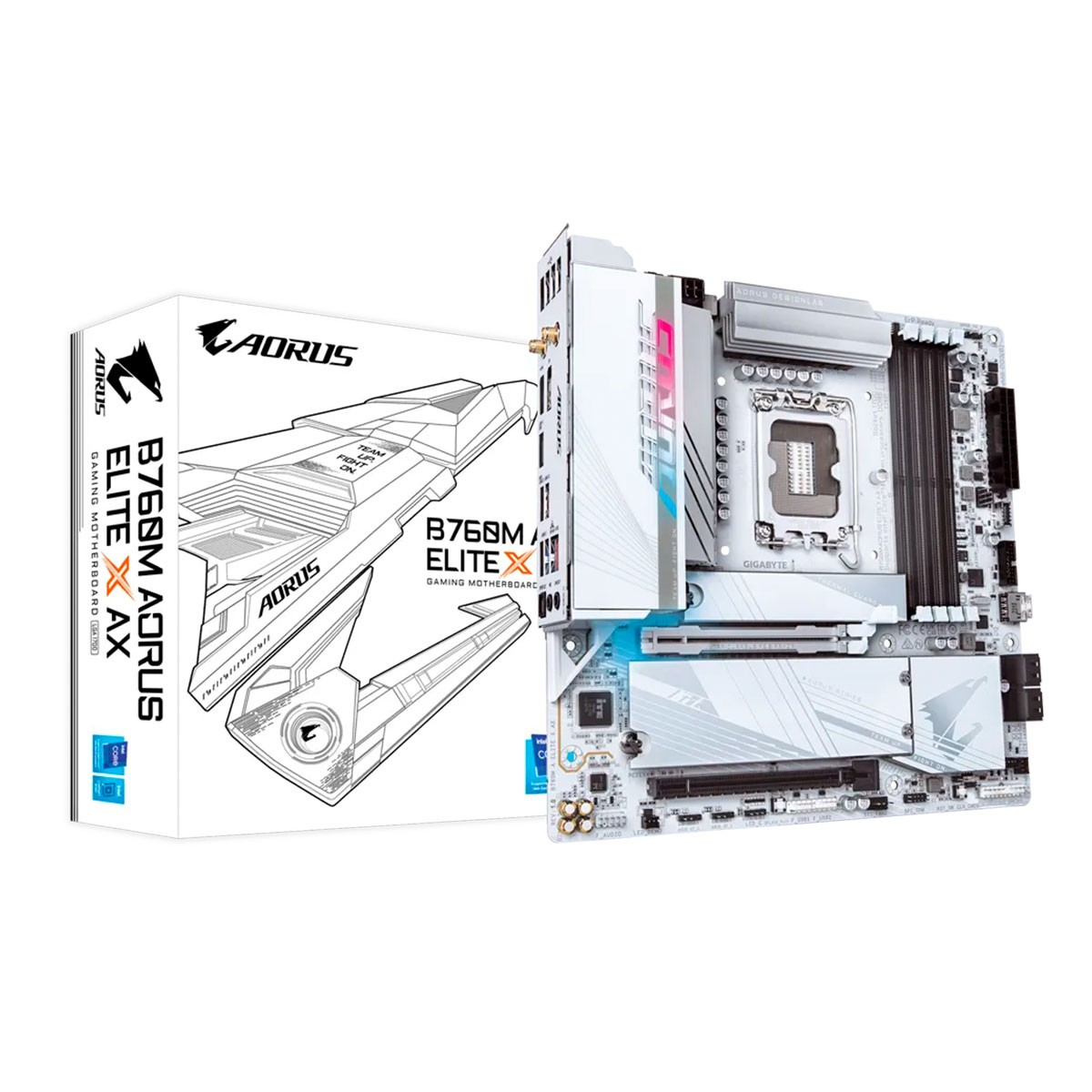 Una scheda madre bianca con una scatola. La scatola dice 'B760M AORUS ELITE X AX' in bianco e nero.