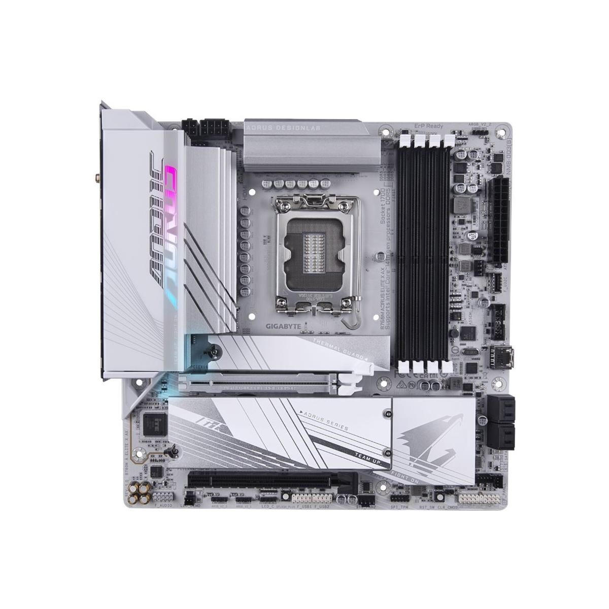 Scheda madre del computer con vari componenti. Schema di colori bianco e grigio.