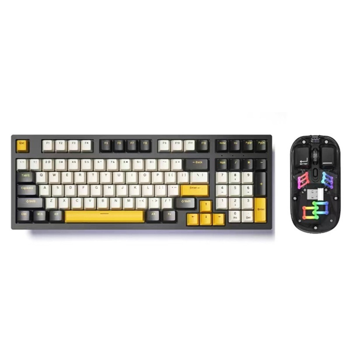 Schwarze und gelbe Tastatur und eine kabellose Maus mit RGB-Beleuchtung.