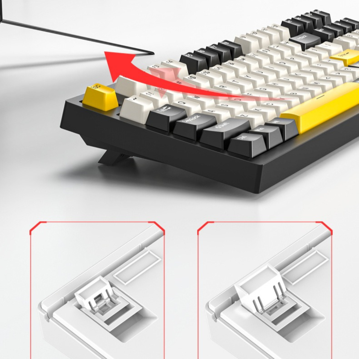 Eine Tastatur mit gelben Tasten und Nahaufnahmen des Tastenmechanismus.