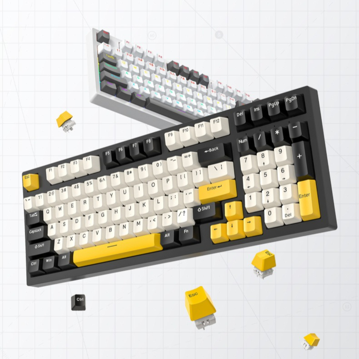 Zwei Tastaturen, eine weiße, eine schwarz/gelbe. Tasten und Keycaps schweben. Weißer Hintergrund.