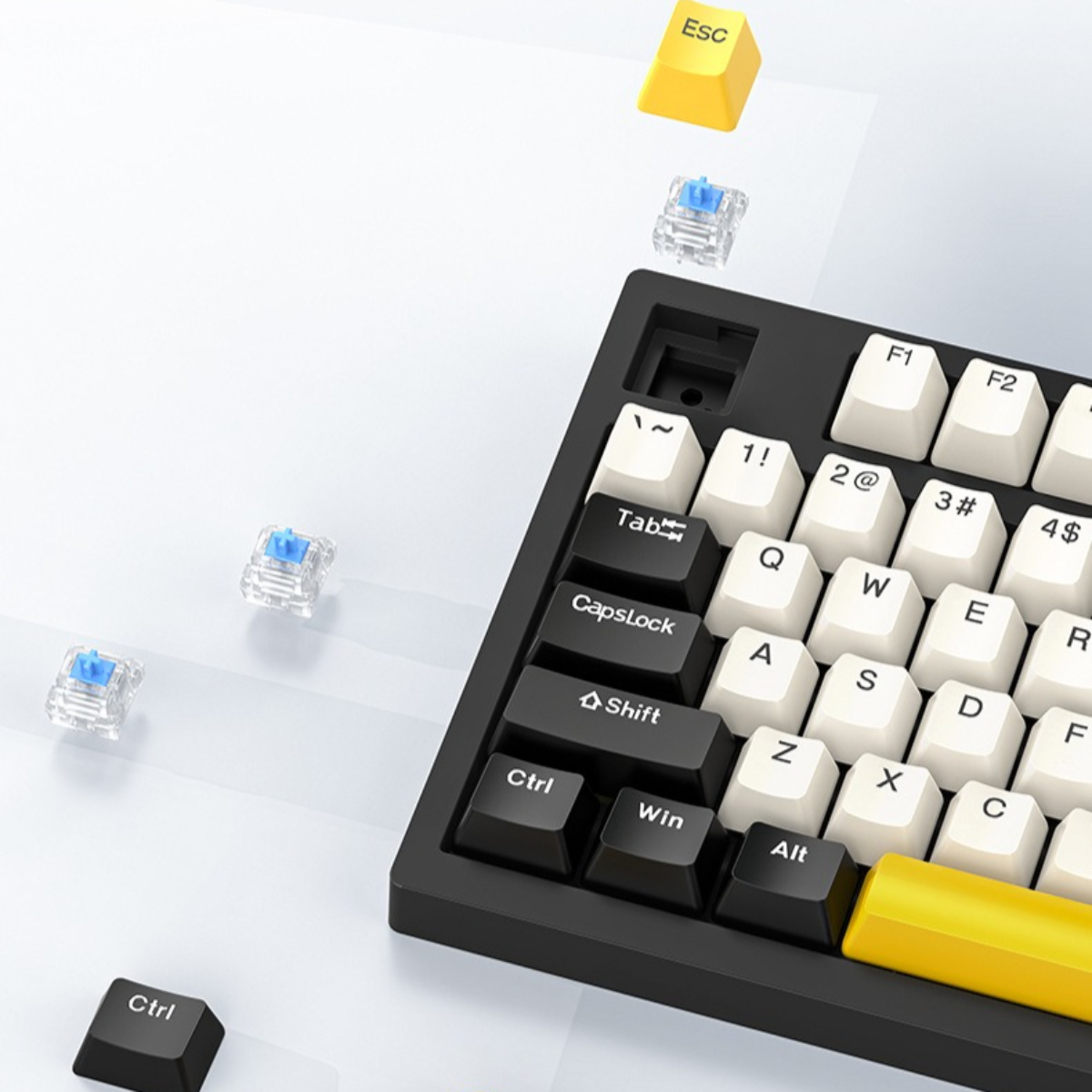 Eine Tastatur mit schwebenden Tasten, schwarzen und weißen Tasten und einer gelben Escape-Taste.
