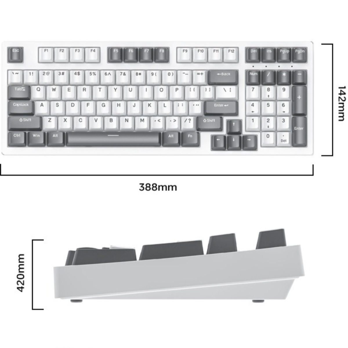 Eine weiße und graue mechanische Tastatur, mit angezeigten Abmessungen.