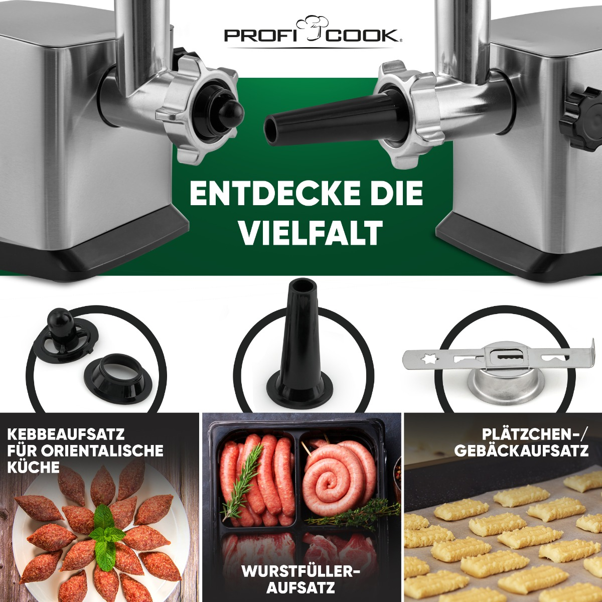 Fleischwolf mit verschiedenen Aufsätzen und verarbeiteten Lebensmitteln.