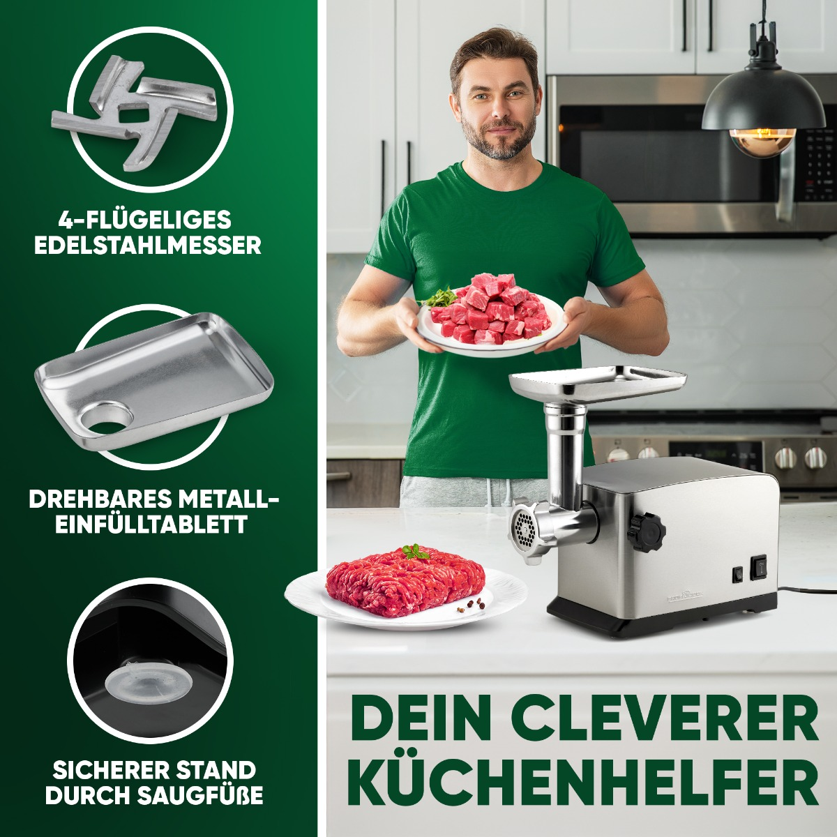 Ein Mann, der Fleisch hält, ein Fleischwolf und Text in Deutsch, der das Produkt beschreibt.