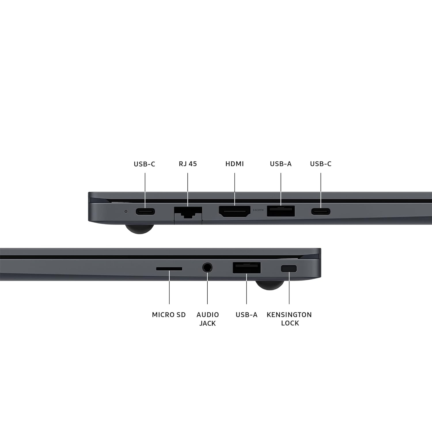 Laptop con porte: USB-C, RJ45, HDMI, USB-A, USB-C, Micro SD, Jack audio, USB-A, Kensington Lock.