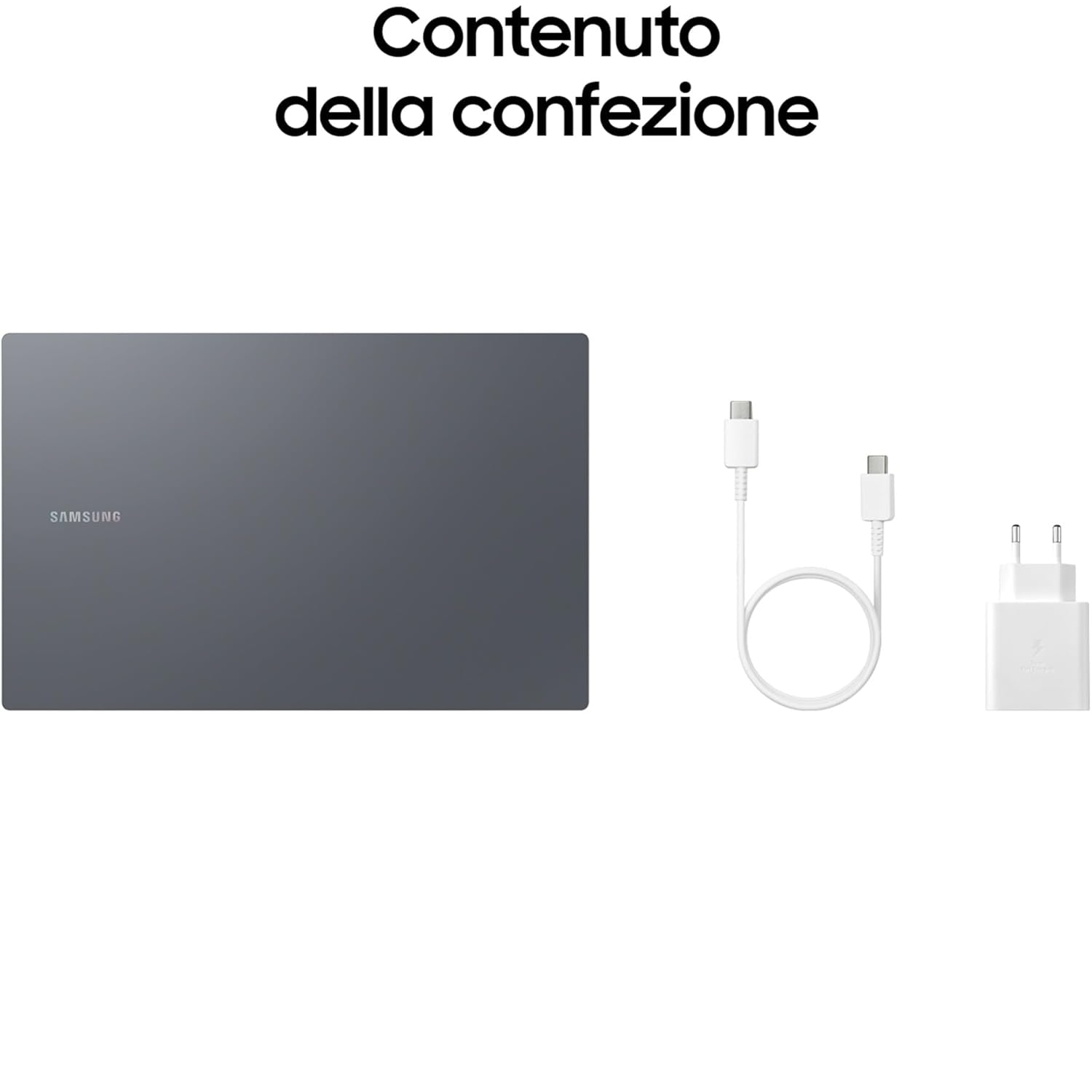 Contenuto della scatola: laptop, caricatore e cavo USB-C, su sfondo bianco.