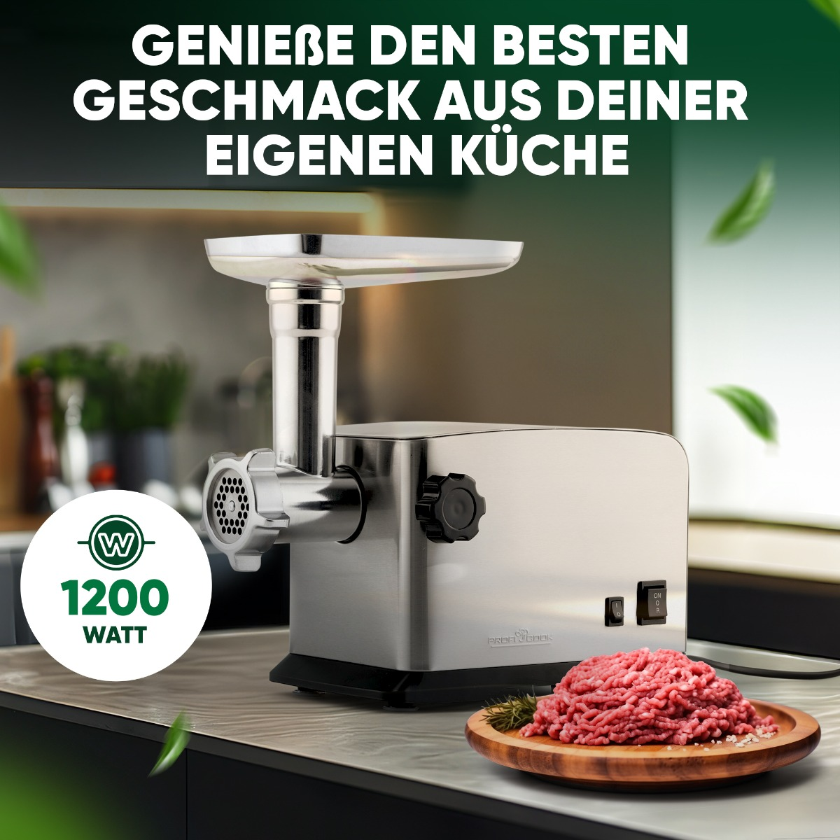 Ein Fleischwolf aus Edelstahl mit einer Holzplatte mit Hackfleisch und dem Text.