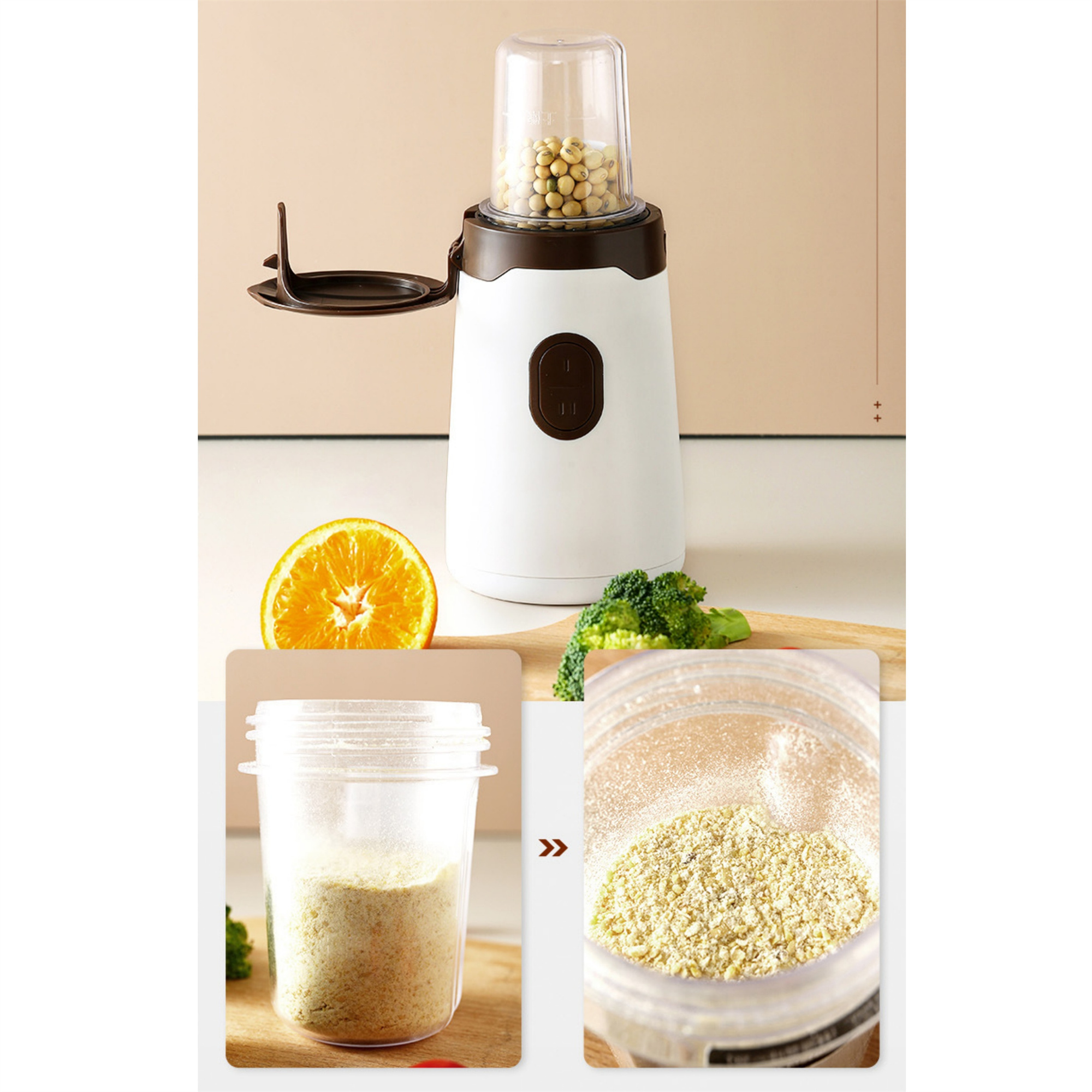 Ein weißer und brauner Mixer mit Zutaten und dem Ergebnis. Eine Orange und Brokkoli sind in der Nähe.