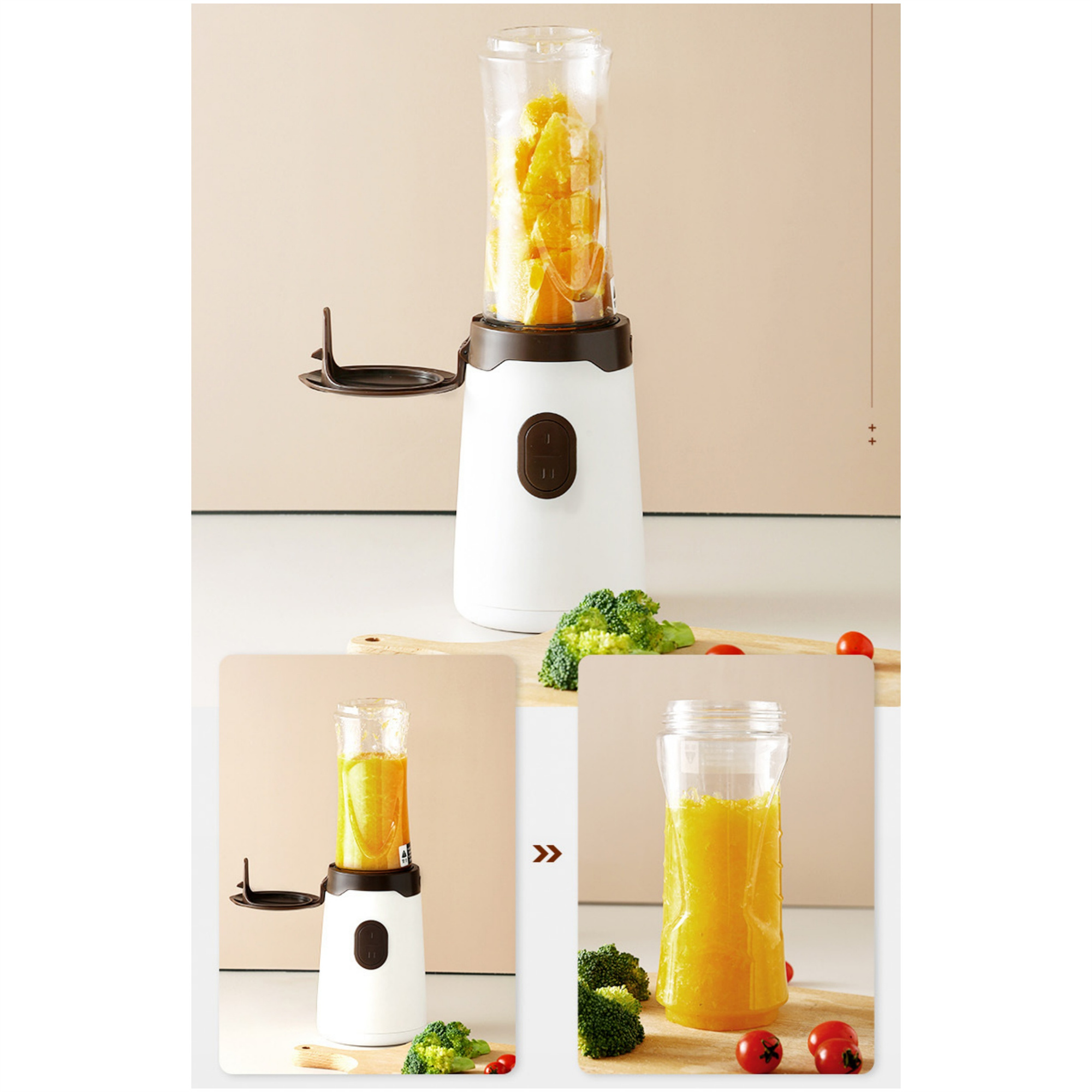 Ein weißer und brauner Mixer mit Orangenscheiben darin und einem fertigen Smoothie. Auch Brokkoli und Tomaten.