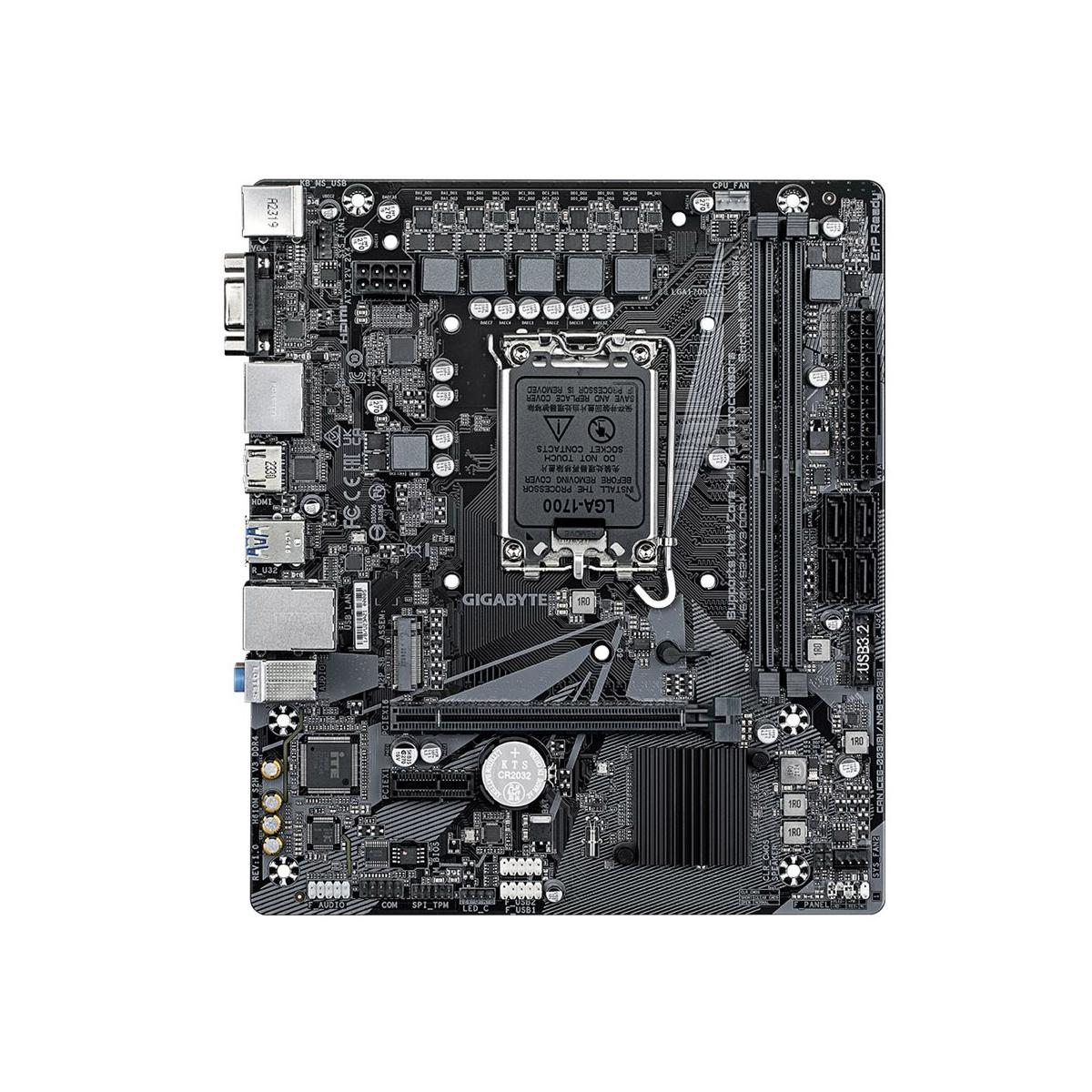 Płyta główna komputera z różnymi komponentami, w tym gniazdem procesora i gniazdami.