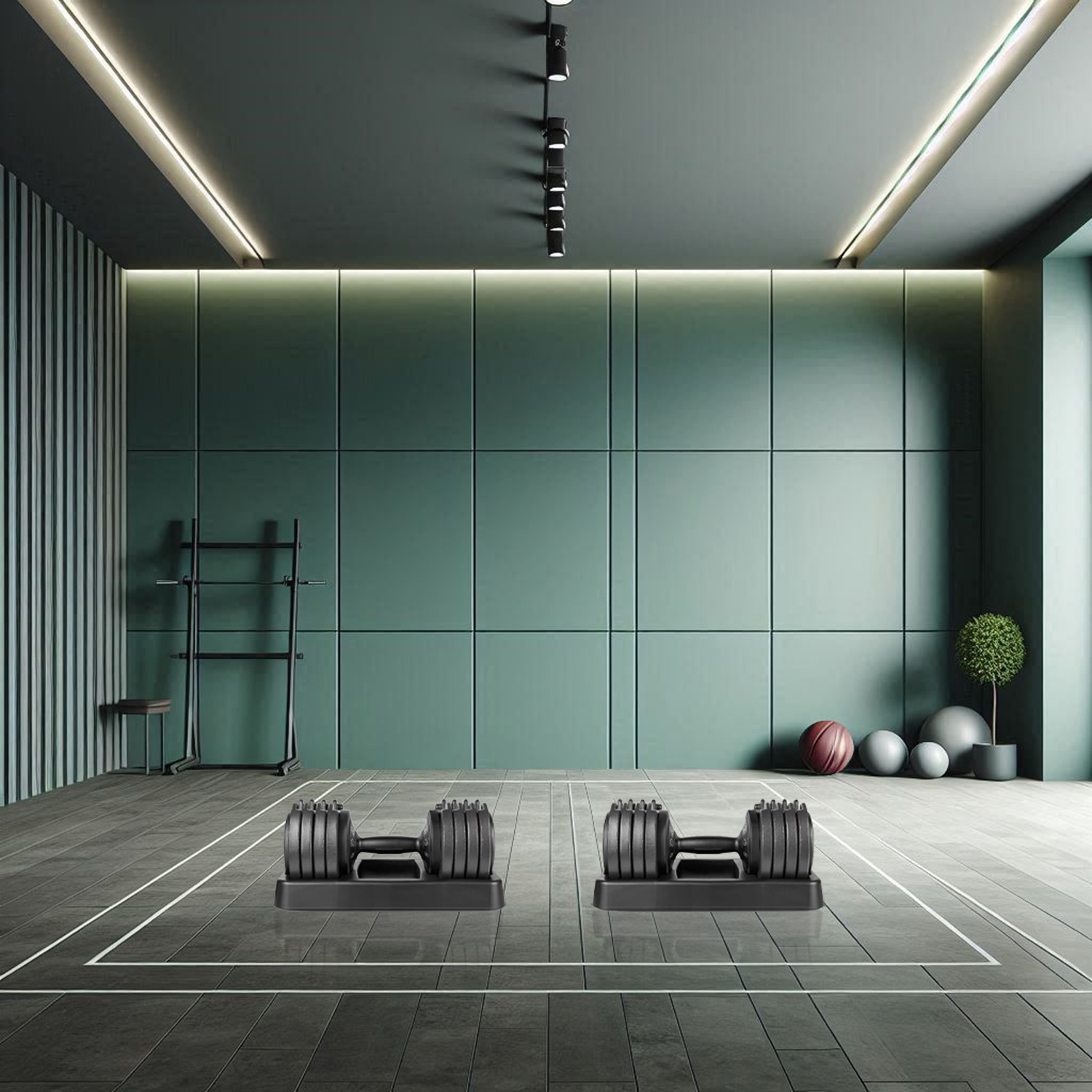Fitnessstudio-Innenraum mit zwei schwarzen, verstellbaren Kurzhanteln auf Ständern, einer grünen Wand und einem Holzboden.