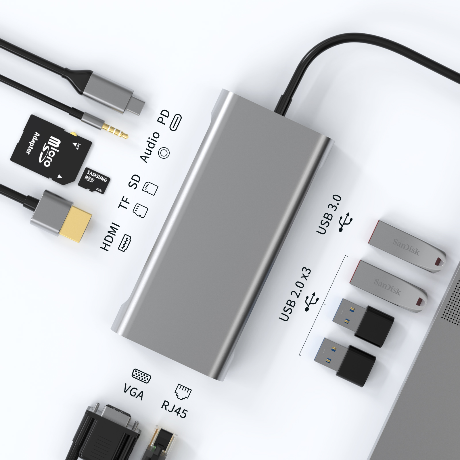 Silberner USB-Hub mit verschiedenen Anschlüssen und Zubehör, einschließlich USB-Laufwerke und Kabel.