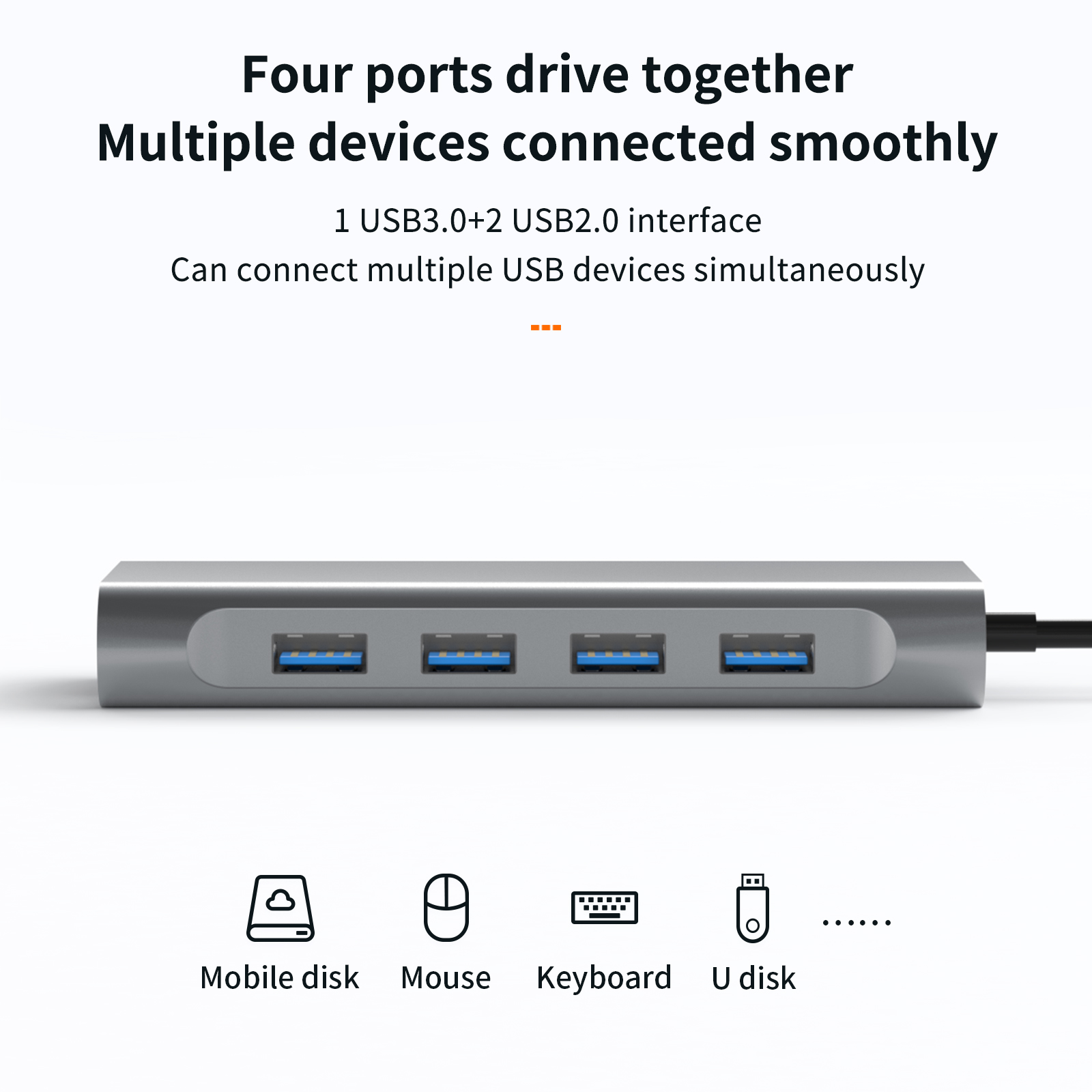Silberner USB-Hub mit vier blauen USB-Anschlüssen und Symbolen für mobile Festplatte, Maus, Tastatur und U-Disk.
