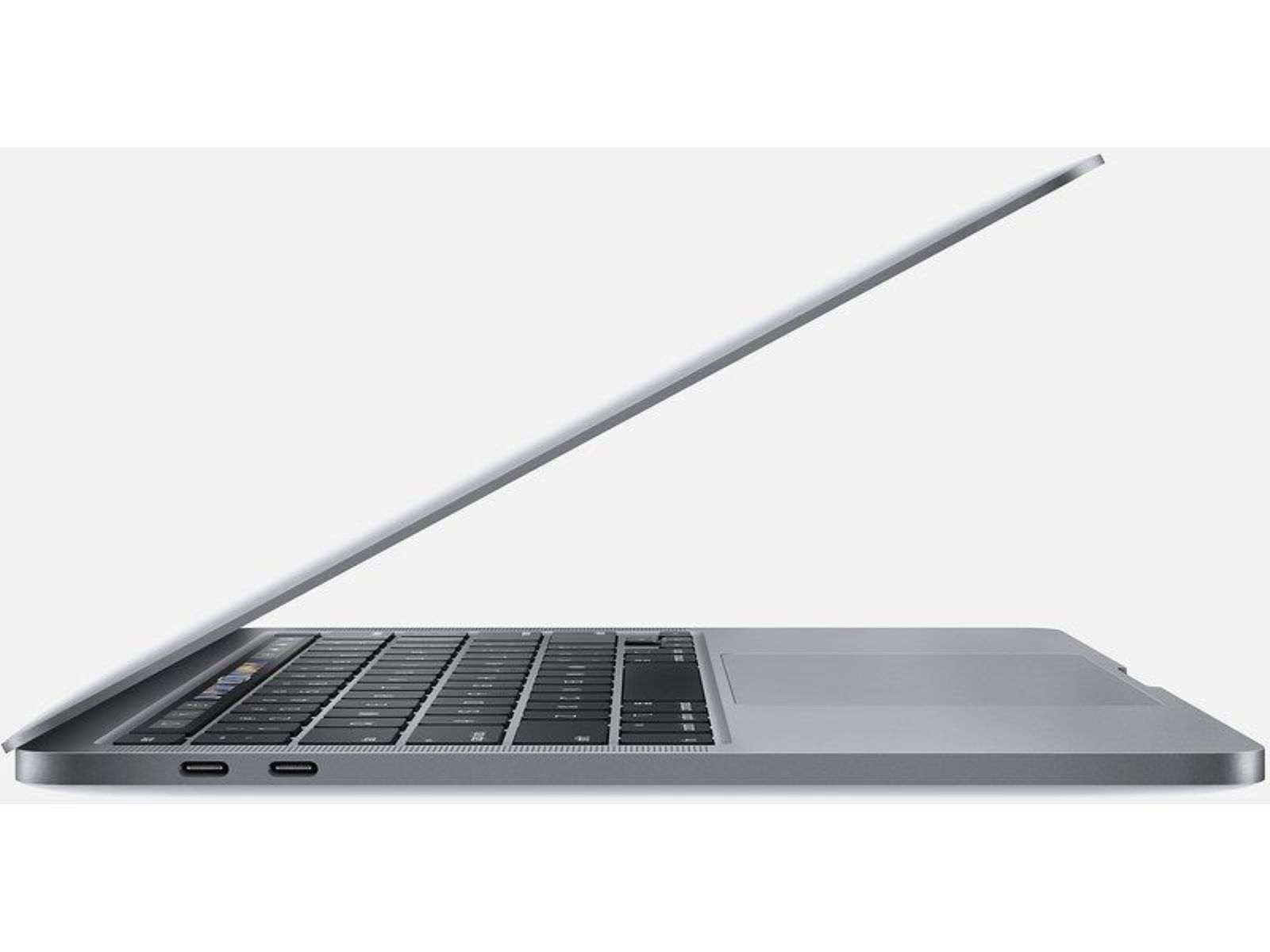 Silver laptop, open, showing the keyboard, and trackpad.