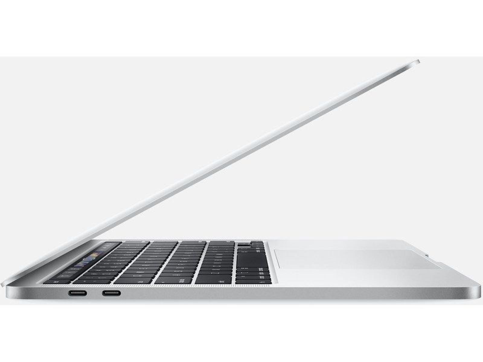 Zilveren laptop met het scherm open. Het toetsenbord is zichtbaar, witte achtergrond.