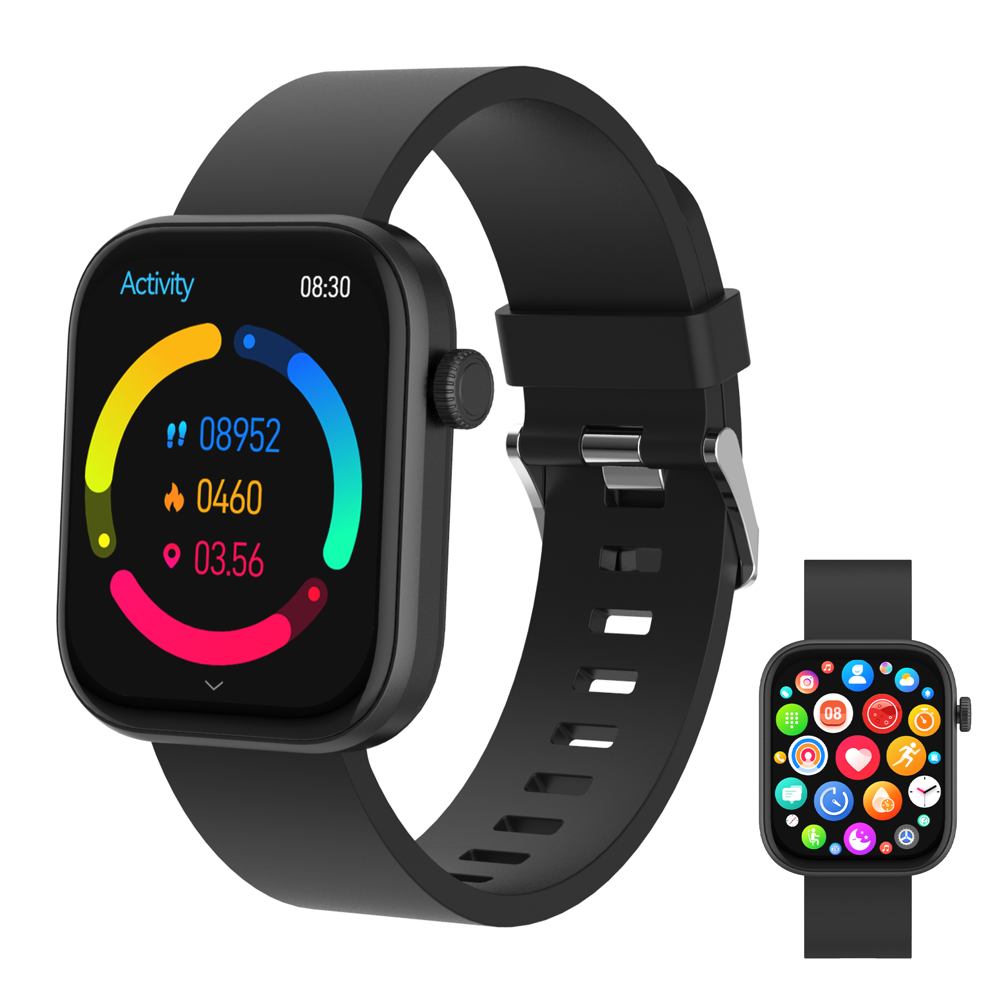 Schwarze Smartwatch mit Datenanzeige und eine zweite kleinere Uhr mit Symbolen.
