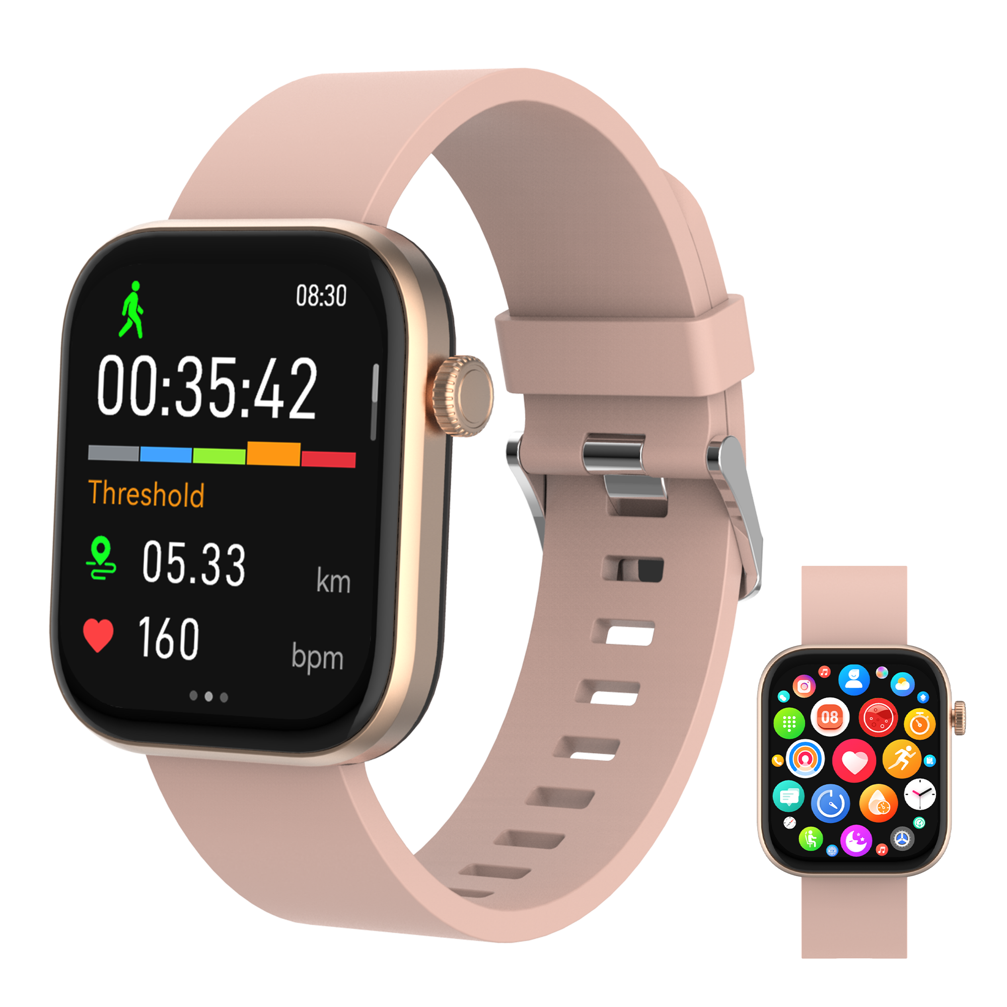 Eine roségoldene Smartwatch, die Zeit, Aktivitätsstatistiken und eine kleinere Anzeige mit Symbolen zeigt.