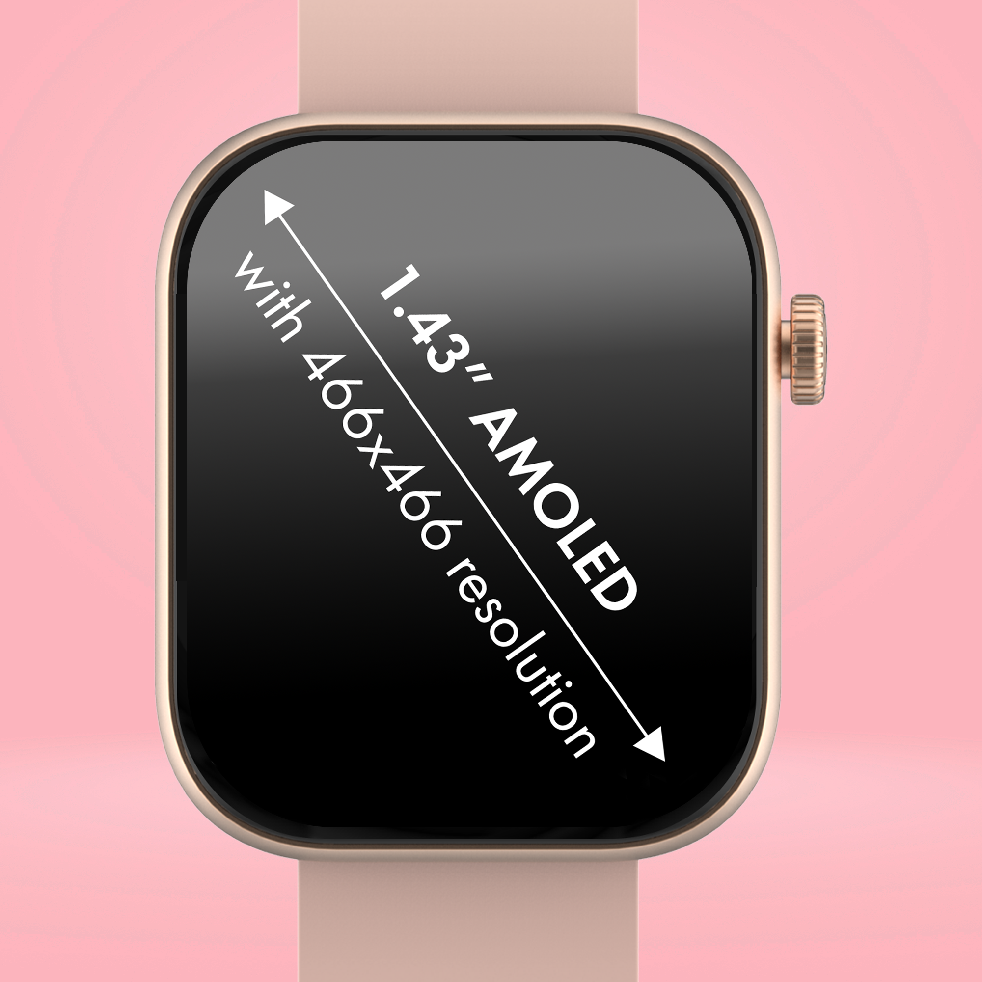Smartwatch mit quadratischem Zifferblatt, 1,43 Zoll. Beiges Armband, goldener Rahmen, rosa Hintergrund.
