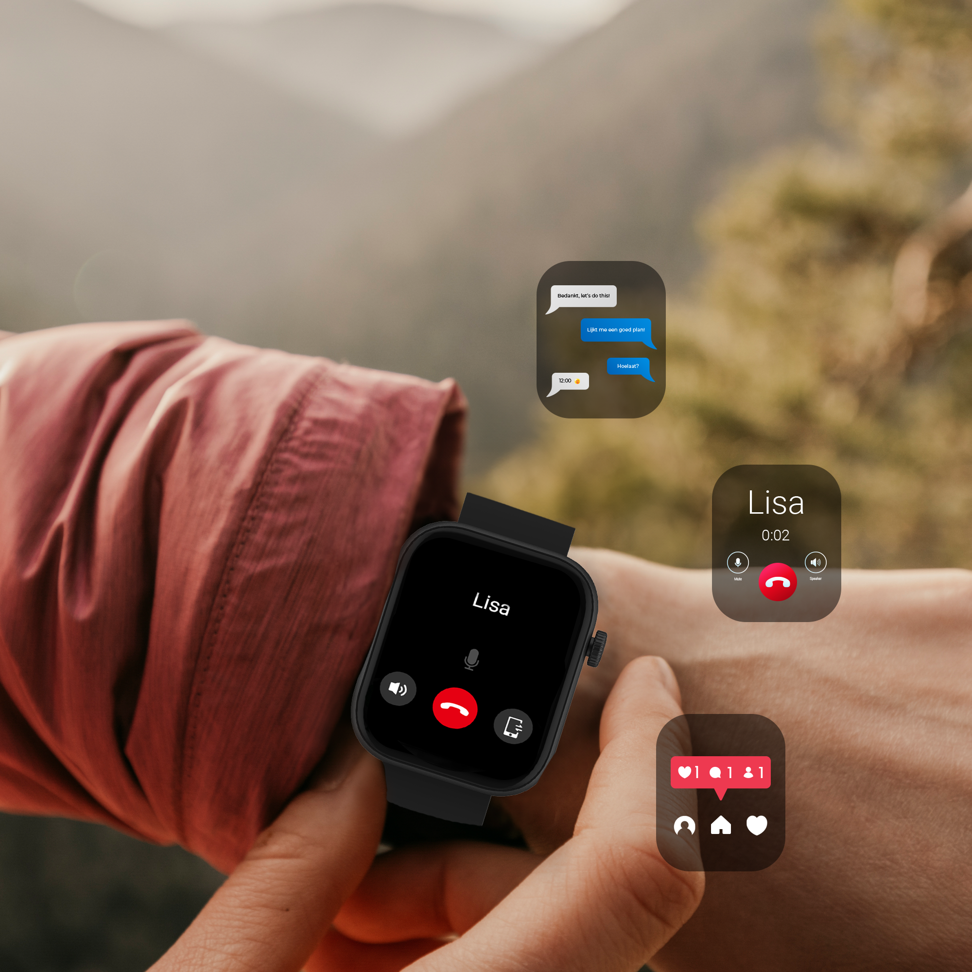 Eine Smartwatch zeigt einen Anruf von Lisa, mit Chat-Blasen darüber. Eine Hand hält die Uhr.