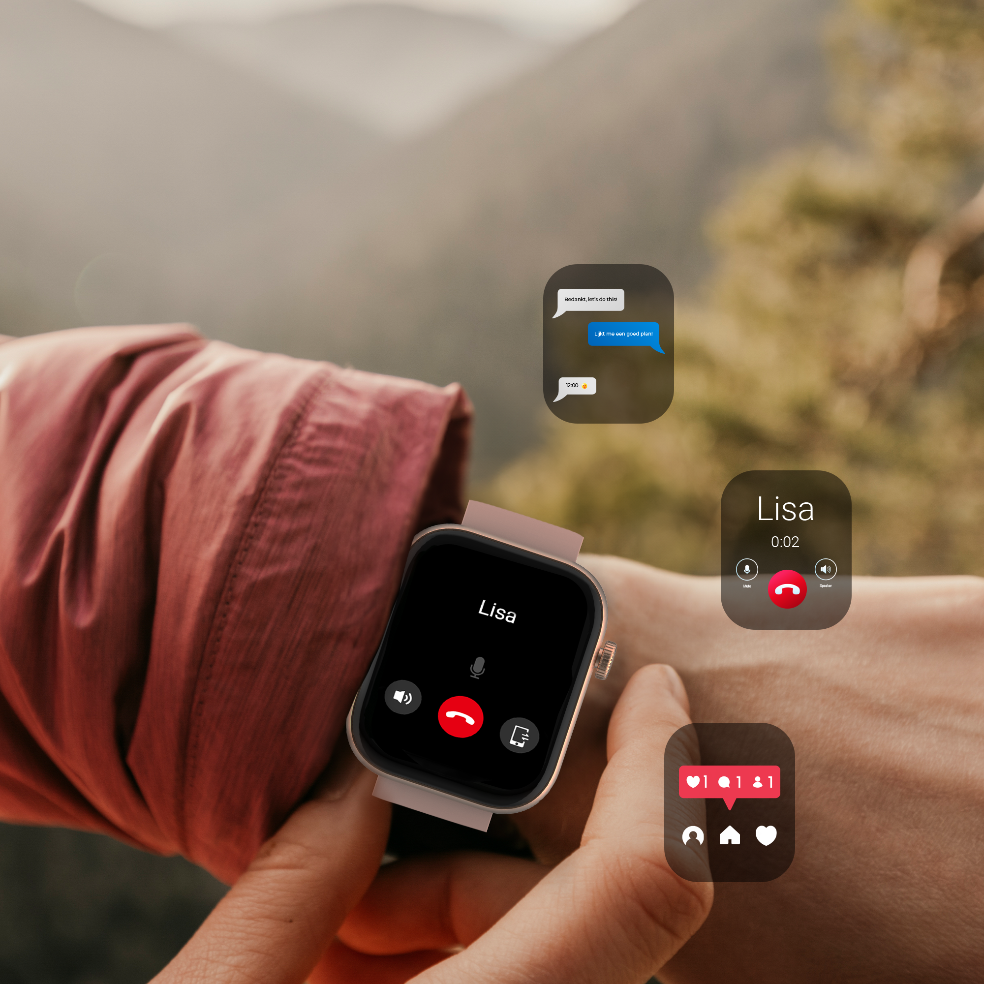 Handgelenk mit Smartwatch, die einen Anruf von Lisa anzeigt.