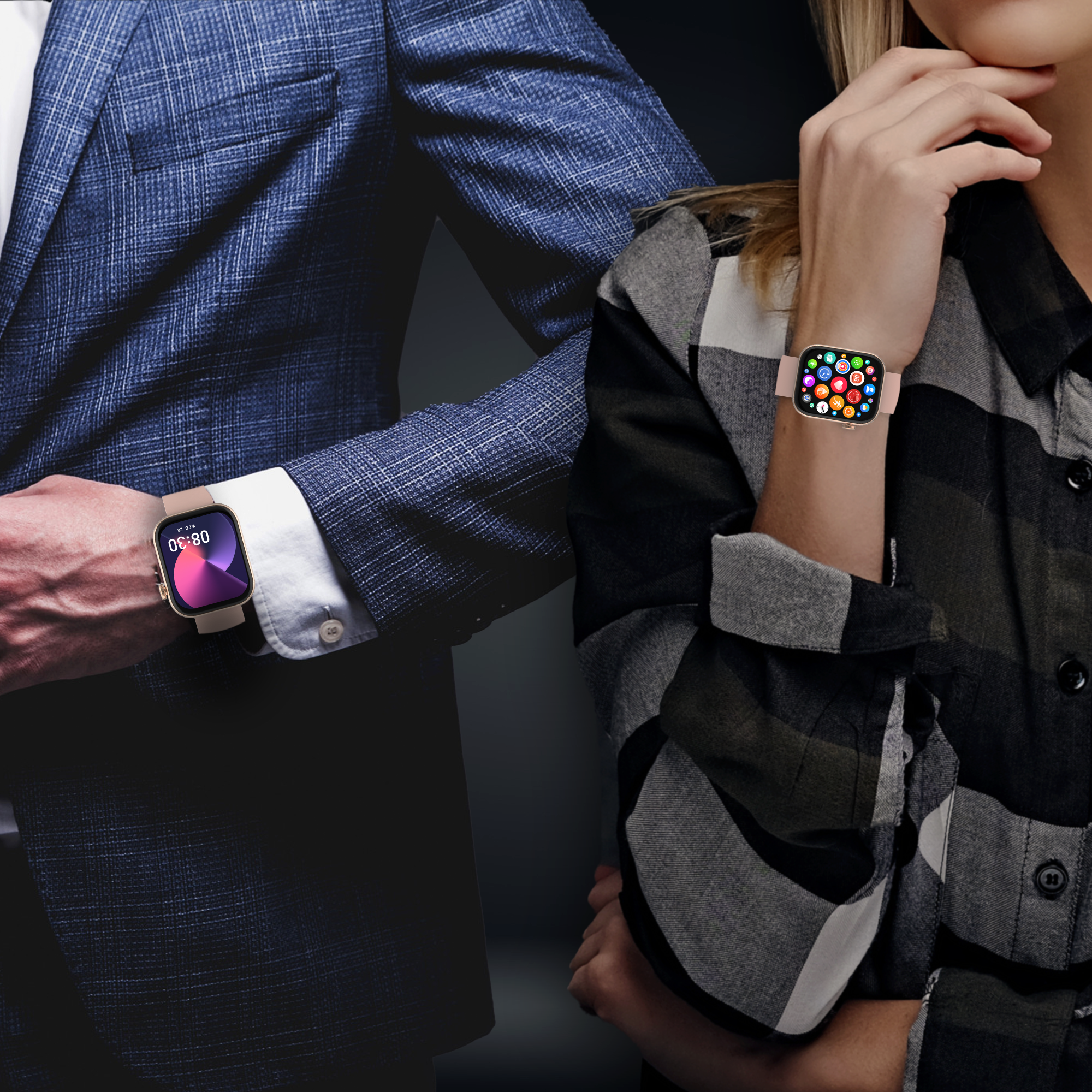 Zwei Personen mit Smartwatches. Die Uhren zeigen unterschiedliche Oberflächen an.