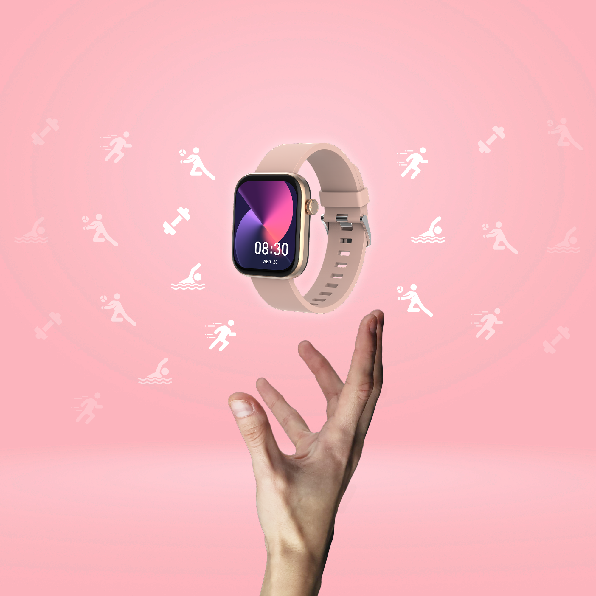 Eine Hand hält eine Smartwatch mit rosa Armband, umgeben von Fitness-Icons auf pinkem Hintergrund.