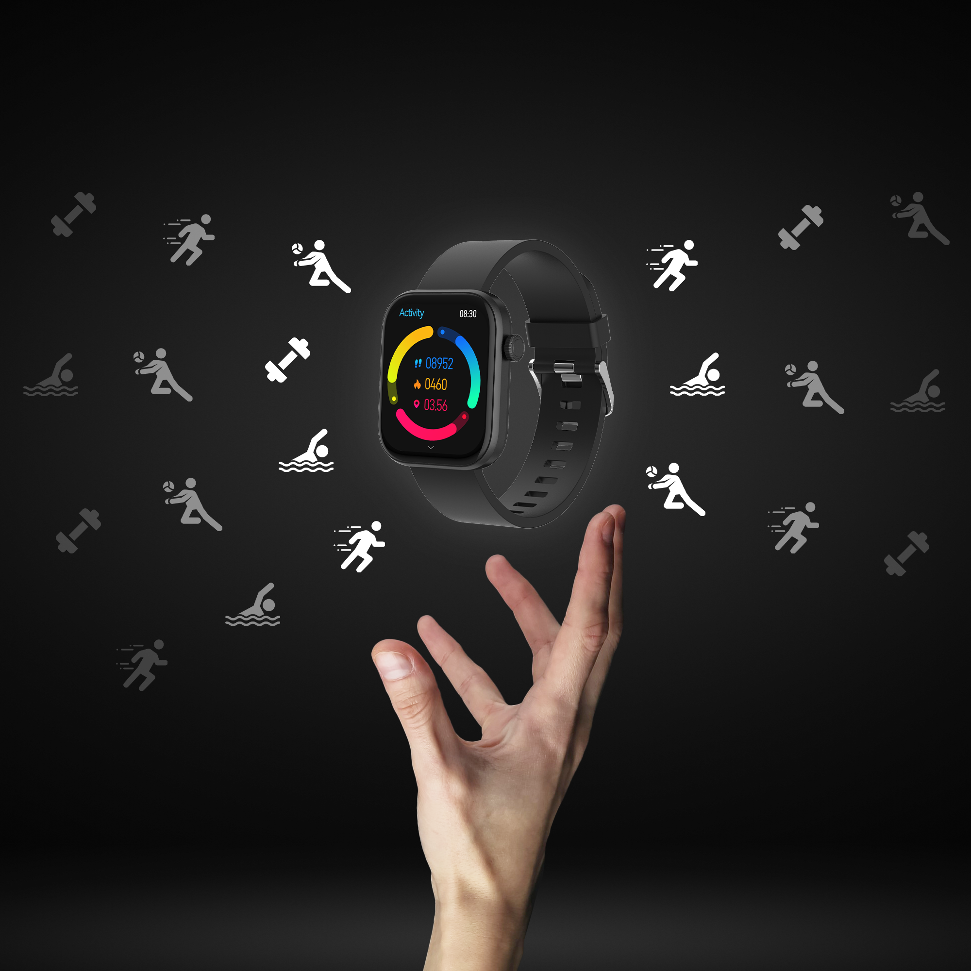 Schwarze Smartwatch mit einer Hand, die danach greift. Sport-Icons im Hintergrund.